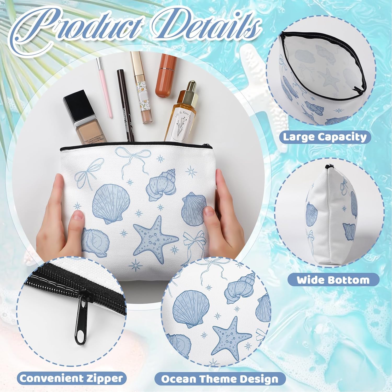 10 Pcs Ocean Themed Cosmetic Bags Bulk Zipper Pouch Makeup Bag for Women Girls Sea Weekend Travel Vacation Trip Gifts Supplies Nautical Party Favors Beach Accessories