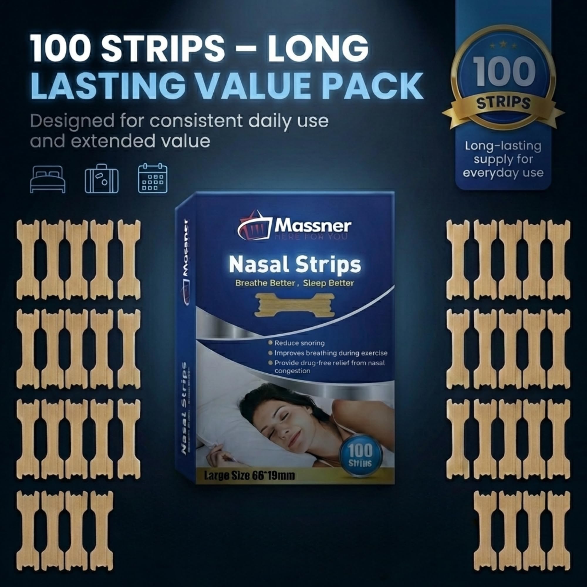 MASSNER Nose Strips for Breathing, Large Breath Strips for Sleeping, Snoring Support, Stuffy Nose and Congestion Relief - Better Night Airflow, 100 Nasal Strip — Amazon image 9