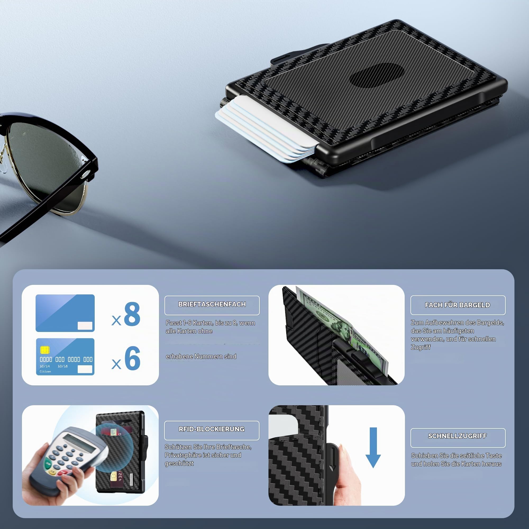 Geldbörse für Herren – Pop-Up-Etui, Bargeldfach und Kreditkartenfach – schlanke Aluminiumgeldbörse mit RFID-Blockierung, minimalistische Leder-Geldbörse mit Ausweisfenster, Geschenkbox (Kohlefaser