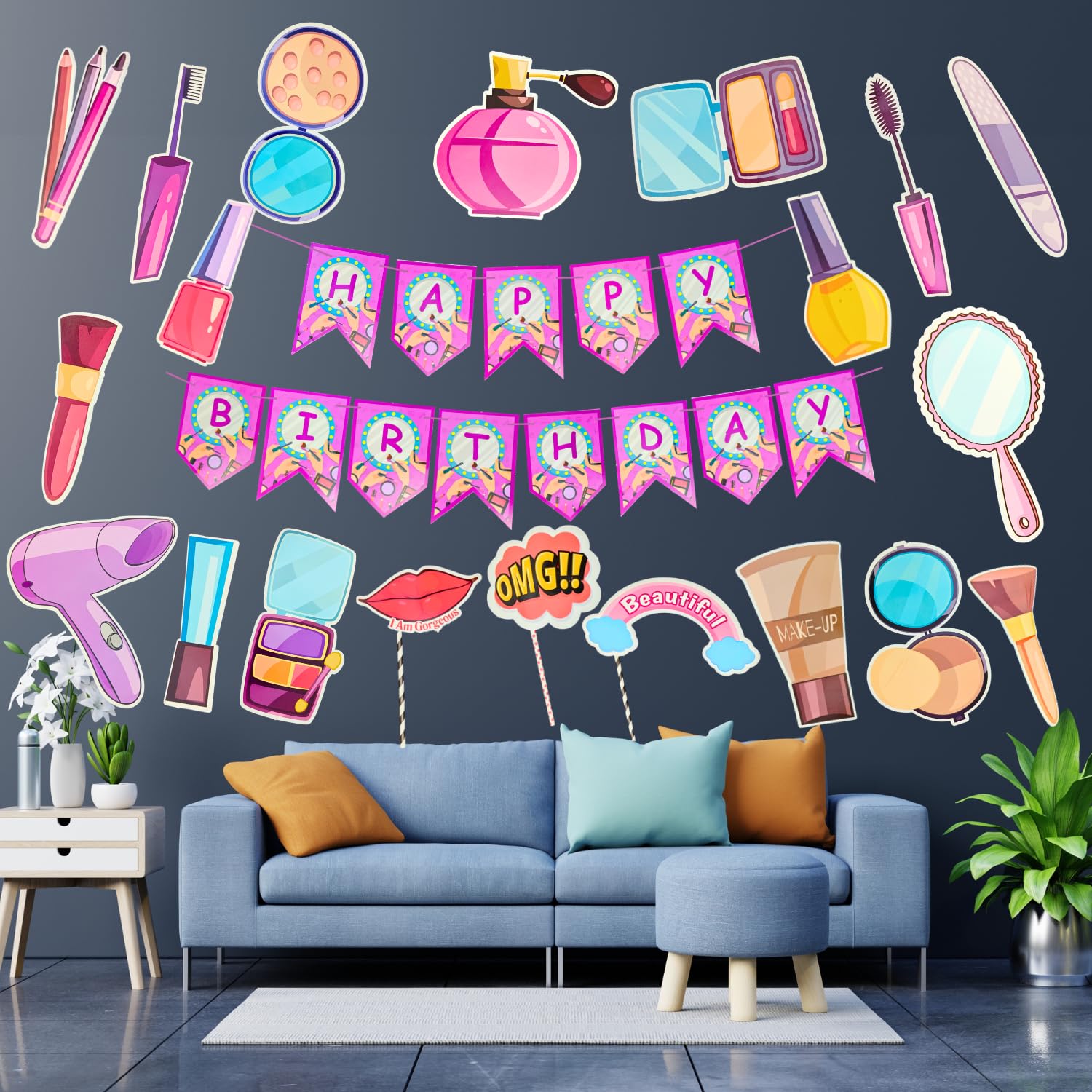 Party Decorz Makeup Party Paper Decoration Set of 21 pcs|Happy Birthday Paper Banner (1 Set)|Makeup Paper Cutout (17 pcs)|Party Props (3 pcs)-image-45