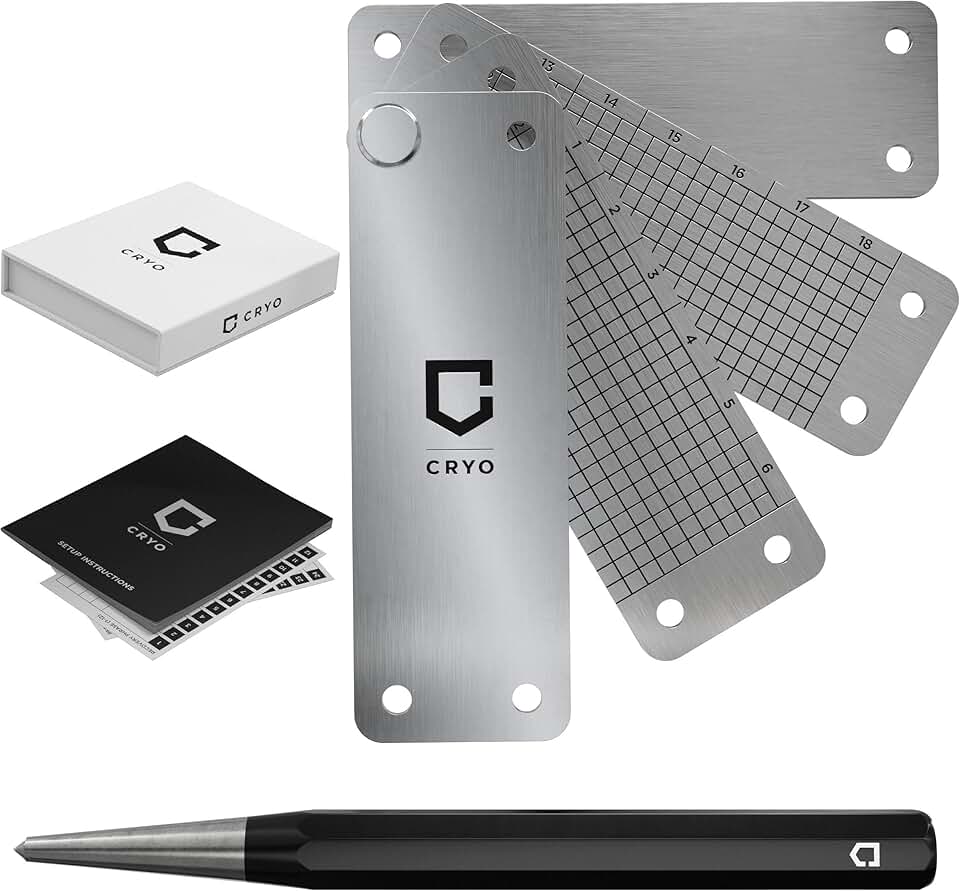 CRYO Crypto Seed Phrase Storage Metal Plate - Cold Wallet Bitcoin 12 to 24 Word Steel Recovery Seedphrase Words Backup - Fireproof Waterproof Cryptocurrency Passphrase & Key Keeper (DOT)