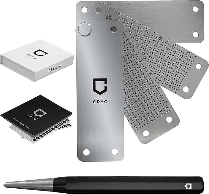 CRYO Crypto Seed Phrase Storage Metal Plate - Cold Wallet Bitcoin 12 to 24 Word Steel Recovery Seedphrase Words Backup - Fireproof Waterproof Cryptocurrency Passphrase & Key Keeper (DOT)
