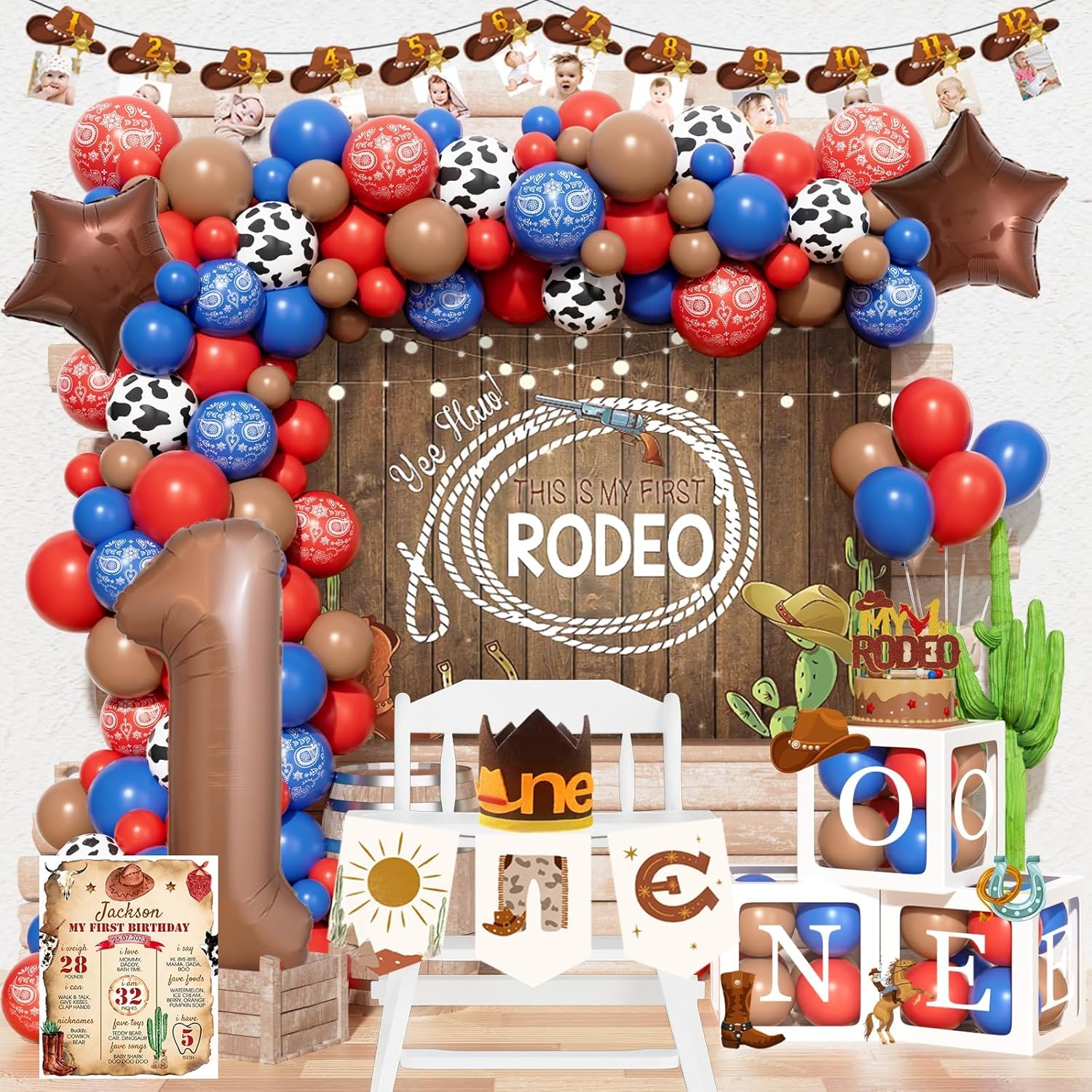 My First Rodeo Decorations Boy, First Rodeo Birthday Decorations, Western Cowboy 1st Birthday Party Decorations, This is My First Rodeo Backdrop Balloon Banner Cake Topper for One Year Old Boy