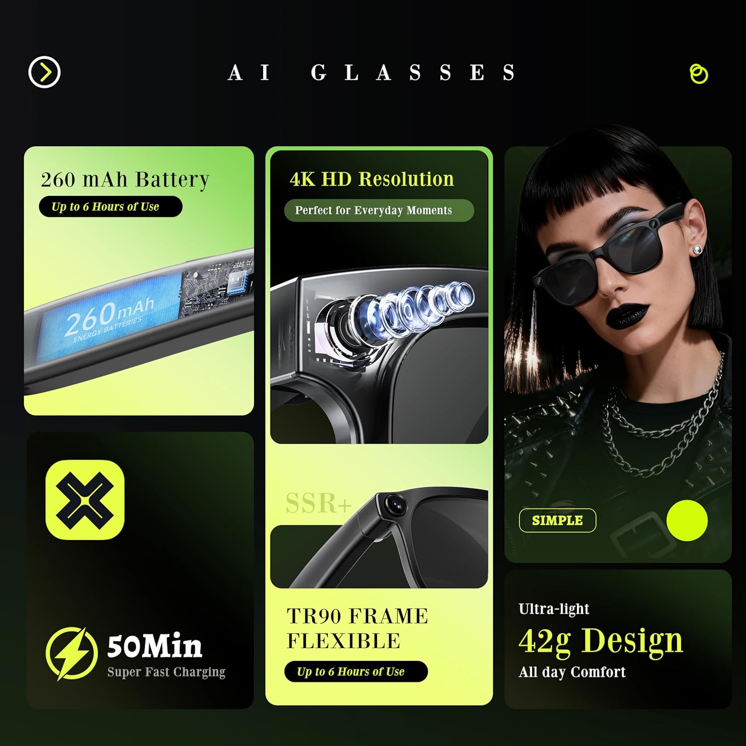 Latest AI Smart Glasses with 4K Camera – Hands-Free Video Recording, Open-Ear Audio & Wireless Connection for Vlog, Driving, Outdoor, Daily Life, Black