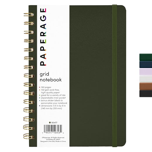 PAPERAGE Graph Paper Spiral Notebook & Journal, (Olive Green), 160 Pages, Medium 5.5 inches x 8 inches - 100 GSM Thick Graphing Paper, Hardcover, Double-Wire Grid Spiral Notebook