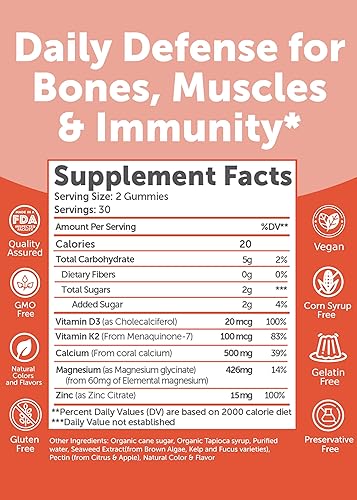 Miniatura 5 de Lunakai Gomitas de calcio y magnesio y zinc fabricadas en Estados Unidos con vitamina D3 y K2  Delicioso suplemento 5 en 1 para apoyo diario a