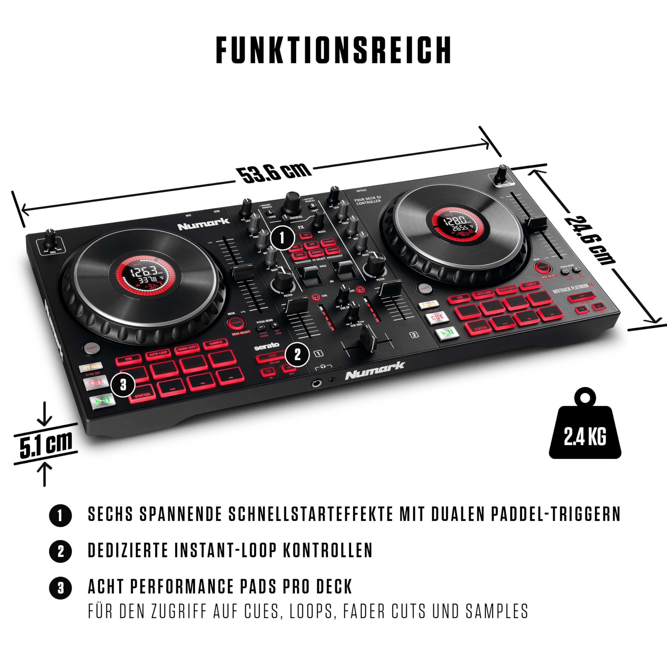 Numark Mixtrack Platinum FX - DJ Controller Pult mit 4-Deck Kontrolle, integriertem Audio Interface, Jogwheel-Displays und Effektpaddeln