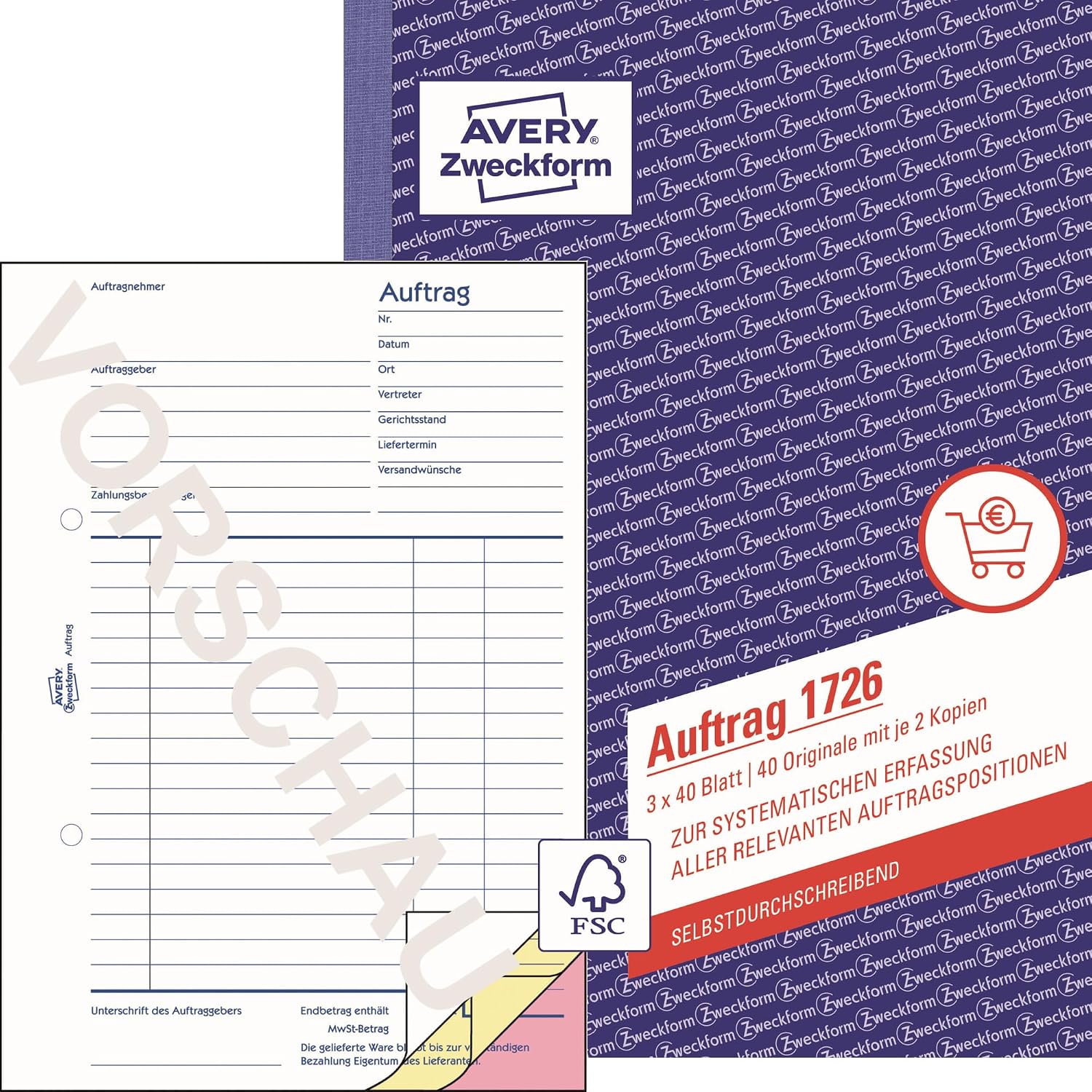 AVERY Zweckform 1726 aplikacje (A5, 3 x 40 arkuszy, samokopiujący z kolorowymi przetarciami, do systematycznego rejestrowania wszystkich odpowiednich pozycji nakładania), biały/żółty/różowy