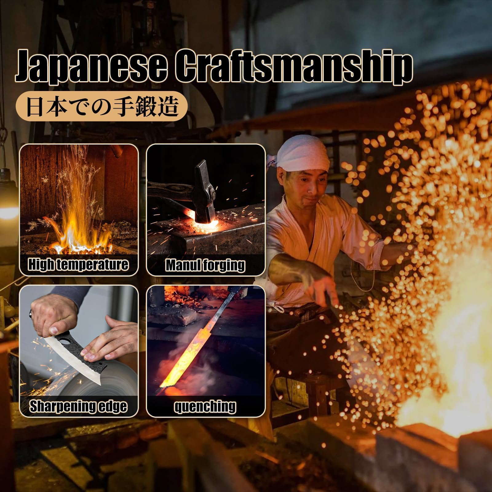 Huusk Knives Japan, Hand Forged Meat Cleaver Knife with Sheath, High Carbon Steel Kitchen Knife for Meat and Vegetables, Full Tang Butcher Knife for Camping, BBQ, Christmas Gift for Men and Women