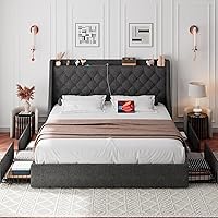 Vista 3 de iPormis Base de cama Queen con 4 cajones de almacenamiento, marco de cama tapizado con puertos tipo C y USB, cabecera de almacenamiento con respaldo