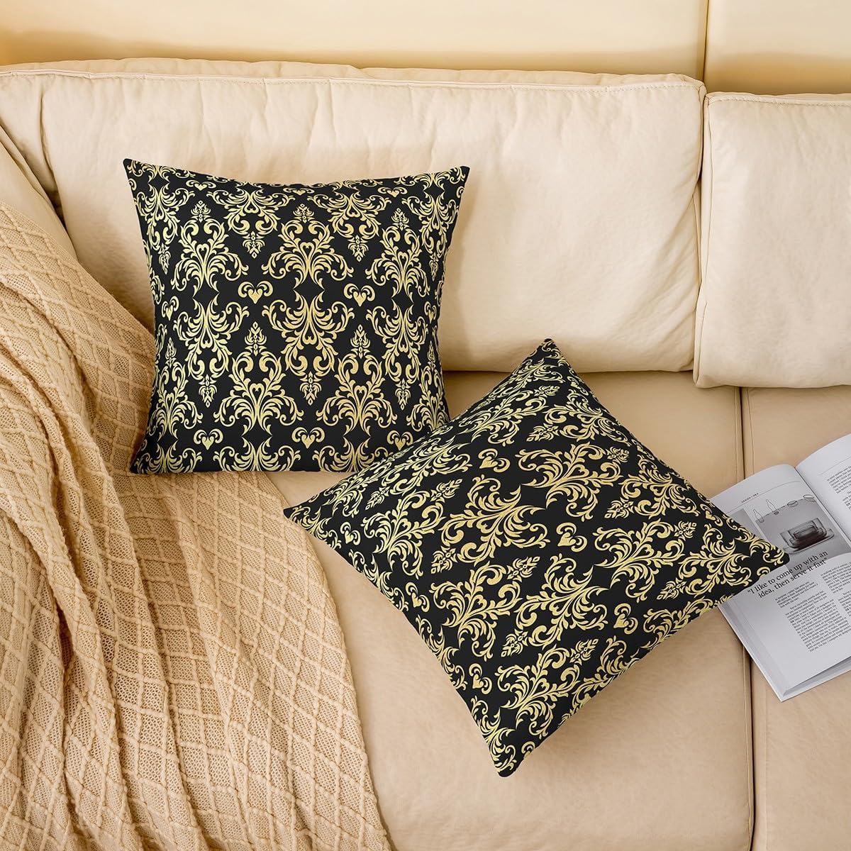 Feelyou Jacquard Damask Pillow Covers Damask Floral Throw Pillow Covers for Adult Boys Girls Teens Boho Damask Decorative Pillowcase Black Gold Home Decor 24"x24" Set of 1