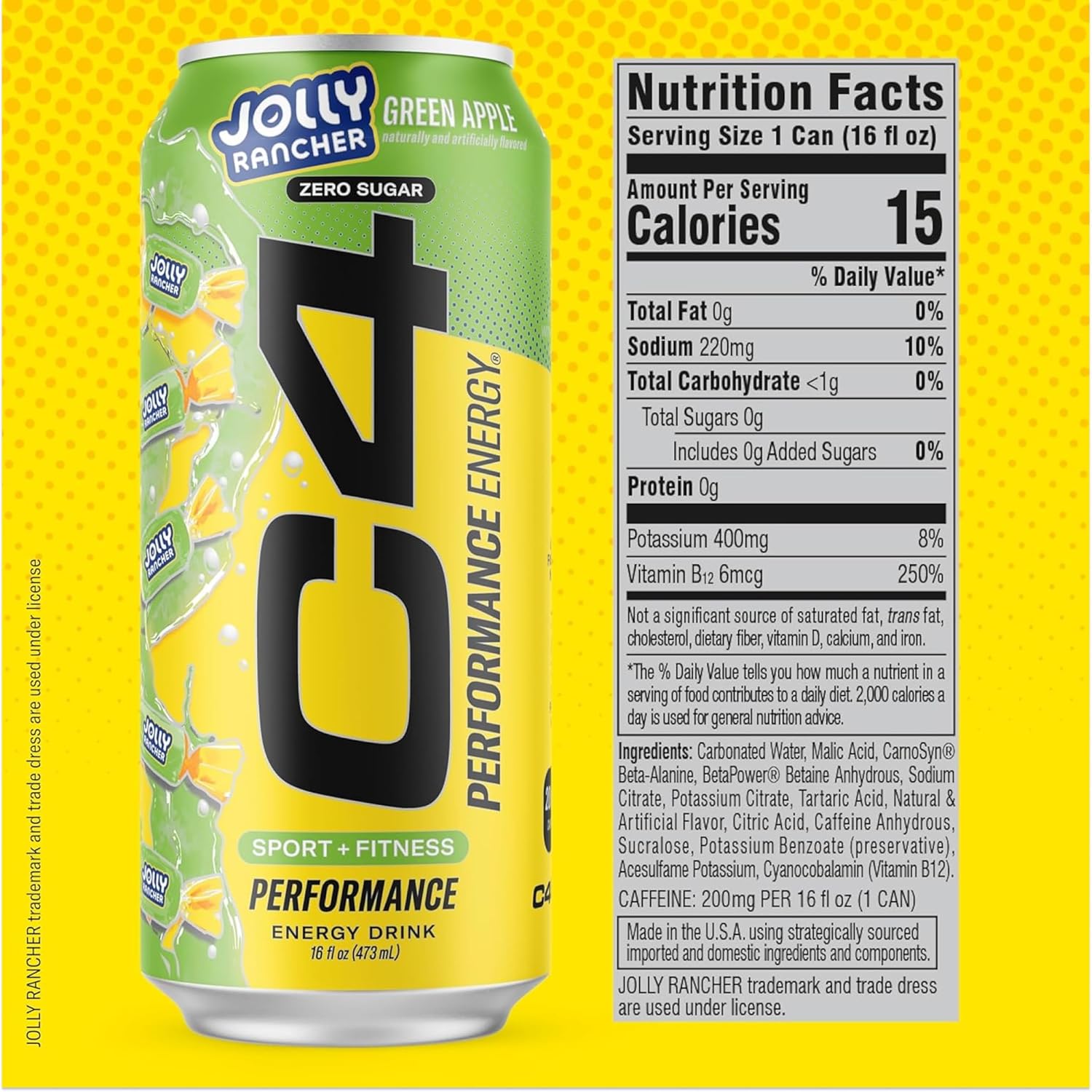 C4 Performance Energy Drink, Jolly Rancher Variety Pack, Zero Sugar Carbonated Preworkout Energy, 200mg Caffeine with Beta Alanine, 16 Fl Oz (12 Pack)