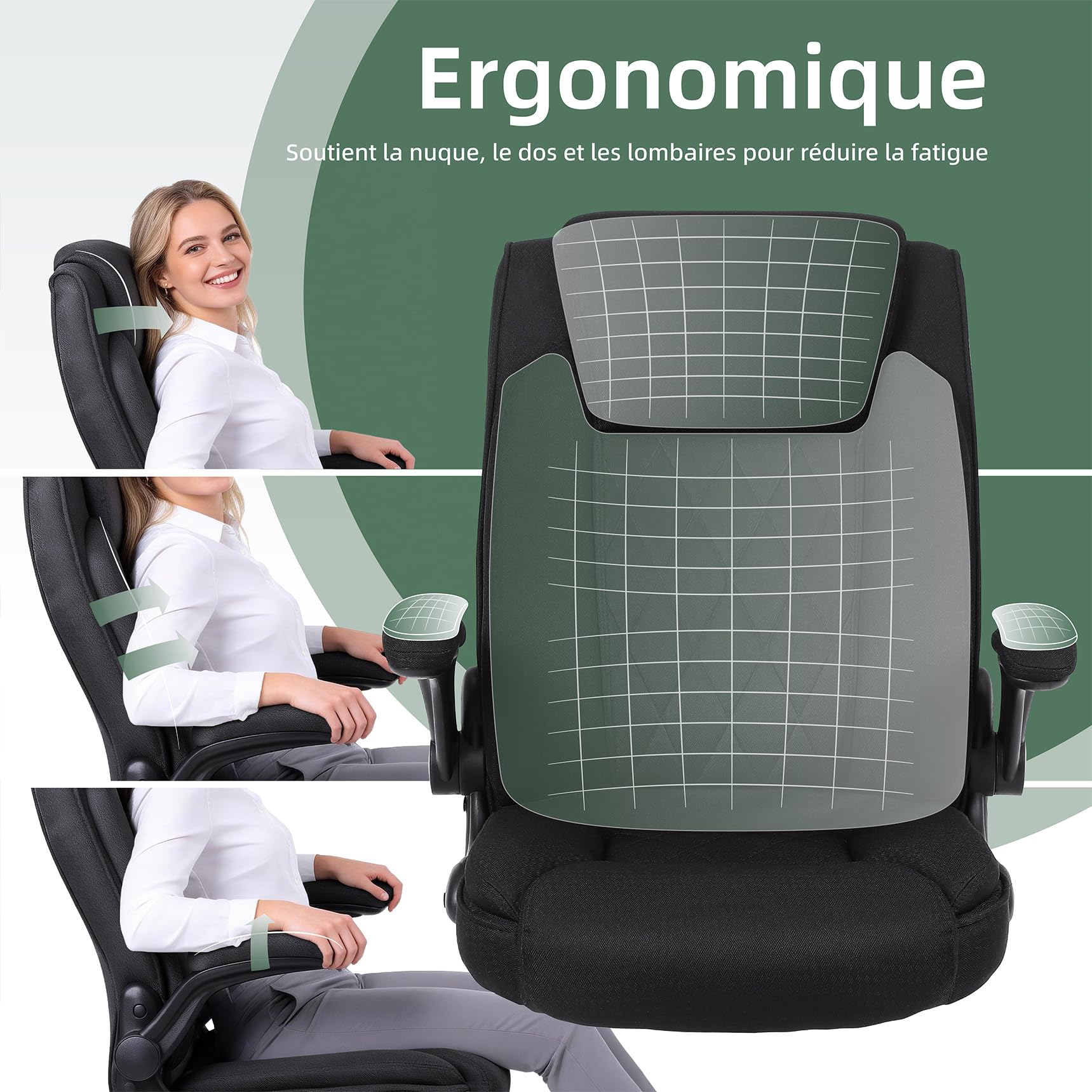 Youhauchair Chaise Bureau Ergonomique, Chaise de Bureau 200 kg pour Personnes de Grande Taille, Fauteuil de Bureau avec Accoudoirs Relevables, Fauteuil de Direction à Dossier Haut, Noir
