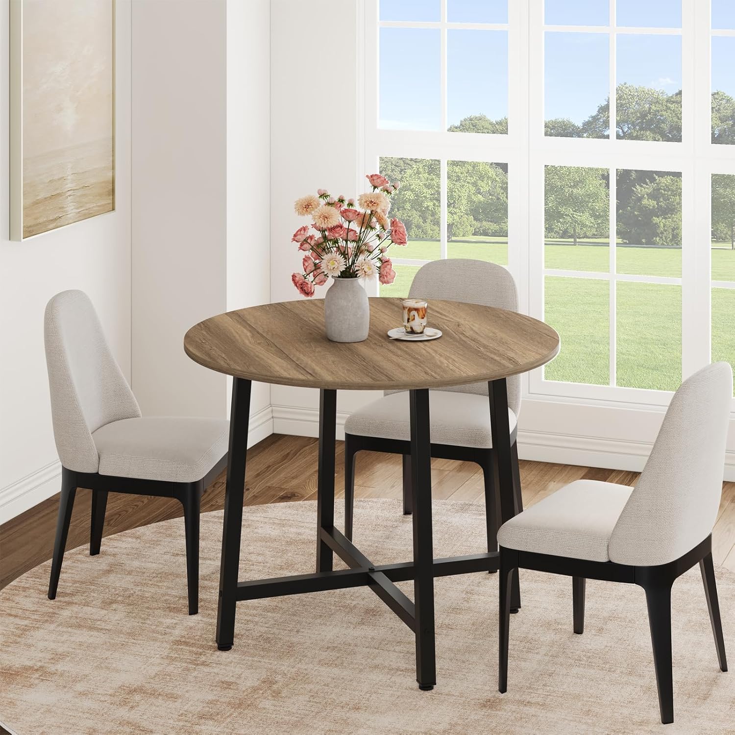 IDEALHOUSE 47" Round Dining Table for 4, Kitchen Dining Room Table with Sturdy Metal Frame, Wood Circle Kitchen Table for Space Saving -Black (No Chairs)