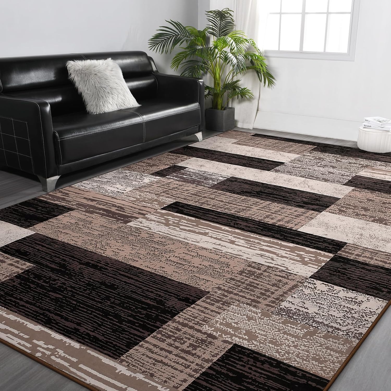 Tapis de salon géométrique moderne marron beige noir 200x300 cm et descente de lit chambre
