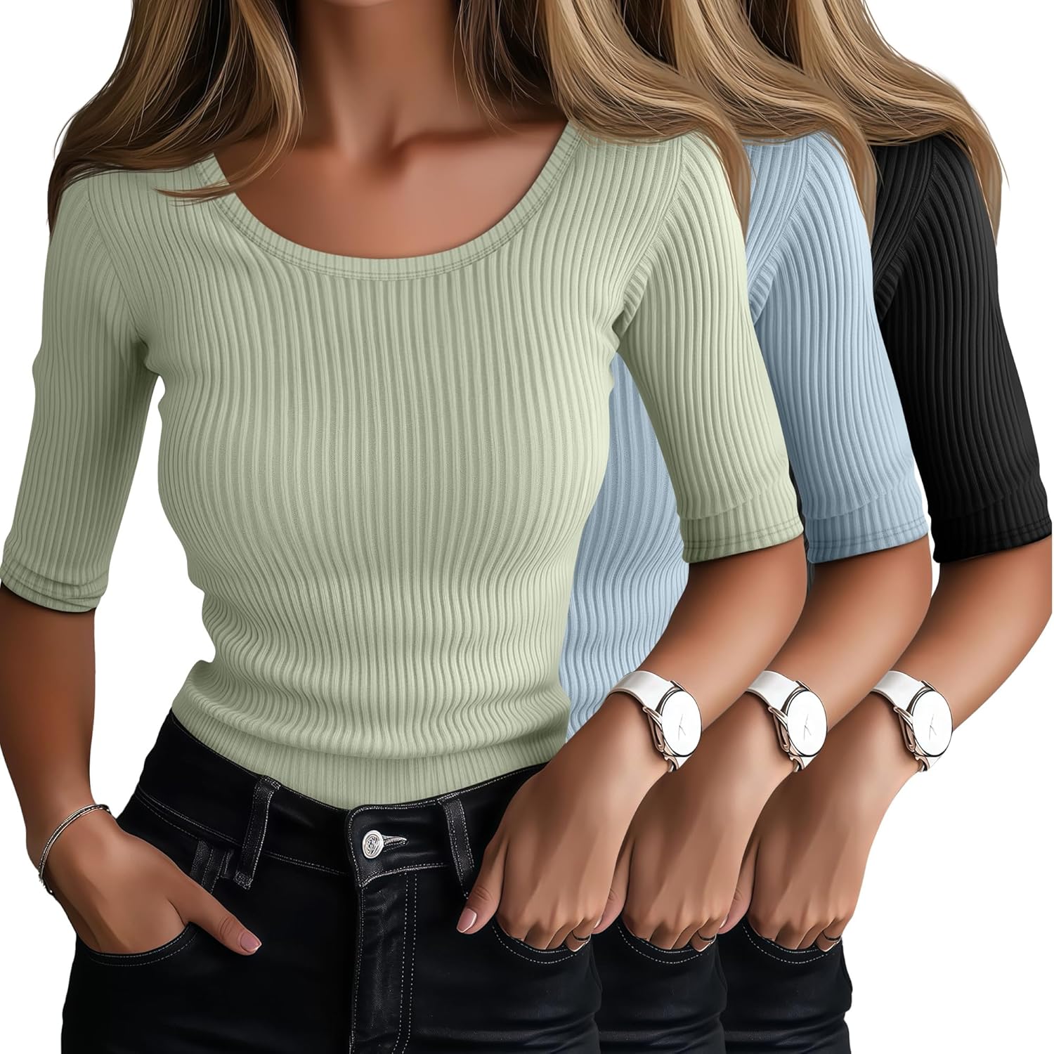 Ficerd 3 Pack Elbow Length Shirts for Women Half 1/2 Sleeve Tops Scoop Neck Ribbed Slim Fit Basic Tee 2025 Summer Trendy