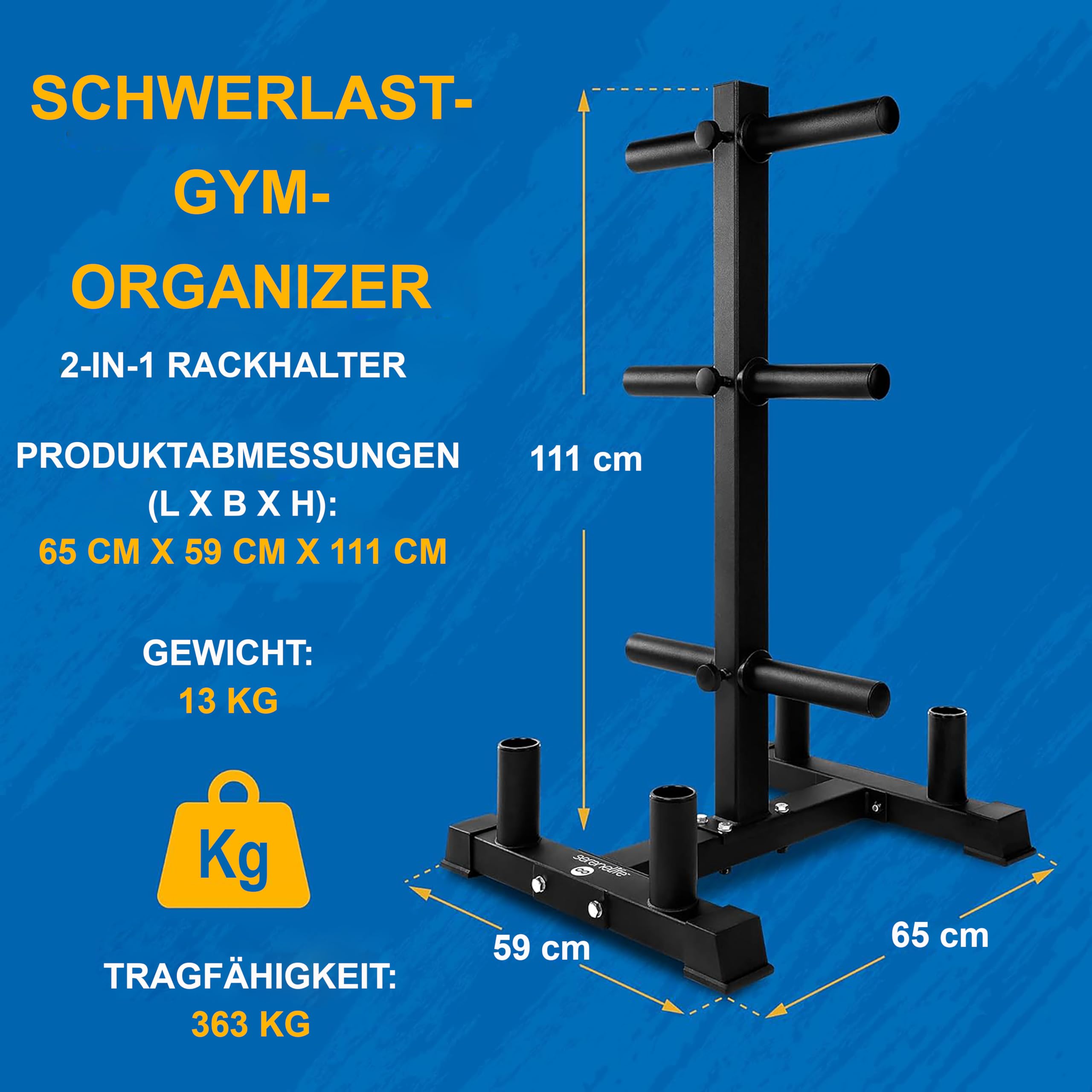 SereneLife Hantelscheibenständer mit Langhantelhalter – Hantelständer zur Aufbewahrung von Gewichten – 360 kg Belastbar, 6 Plate-Posts, 2 Hantelstangenhalter, pulverbeschichteter Stahl