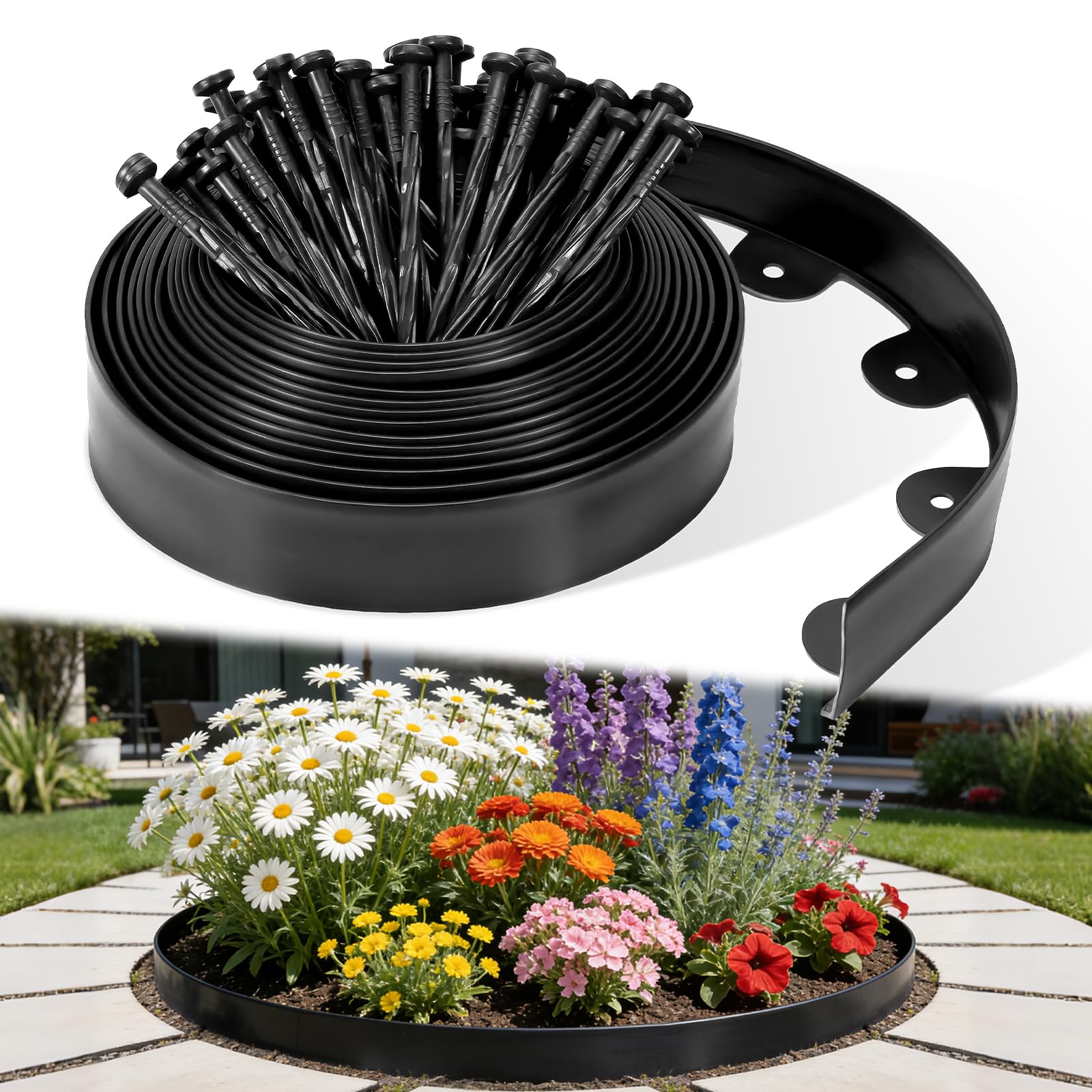 JUOIFIP 33FT/10M Garden Edging Border, 5cm High Flexible Plastic Lawn Edging with 60 Reinforced Plastic Pegs, Black Garden Border Edging for Flower Bed, Grass, Path, Landscape Lawn Edge, Easy Install