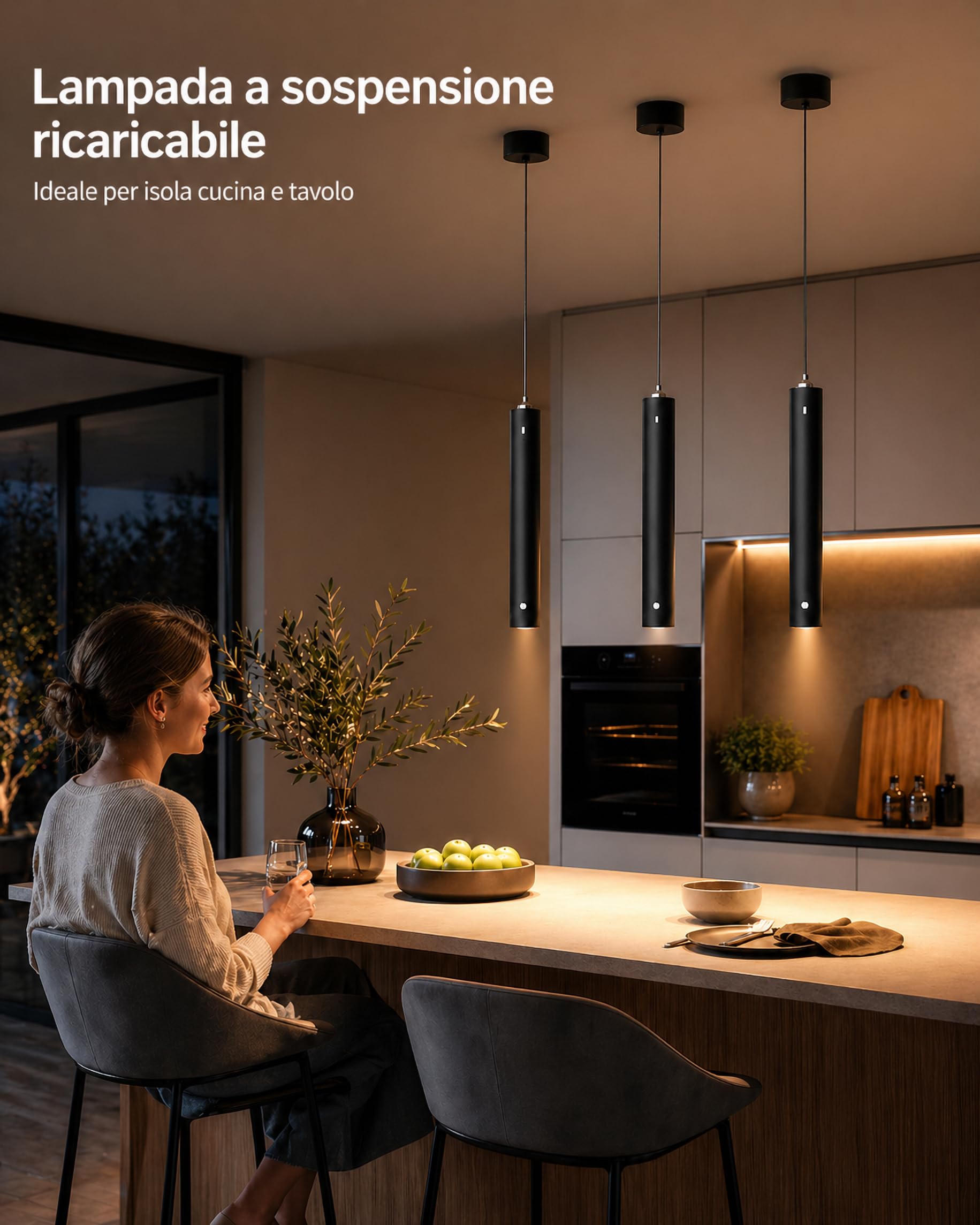 ACMHNC Lampada a Sospensione a Batteria Senza Fili,5W LED Sospensione Ricaricabile USB-C 4500mAh con Telecomando,Dimmerabile 3000K/4000K/6000K, Timer,Lampadario Camera da Letto Cucina, Nero,Ø4x30cm