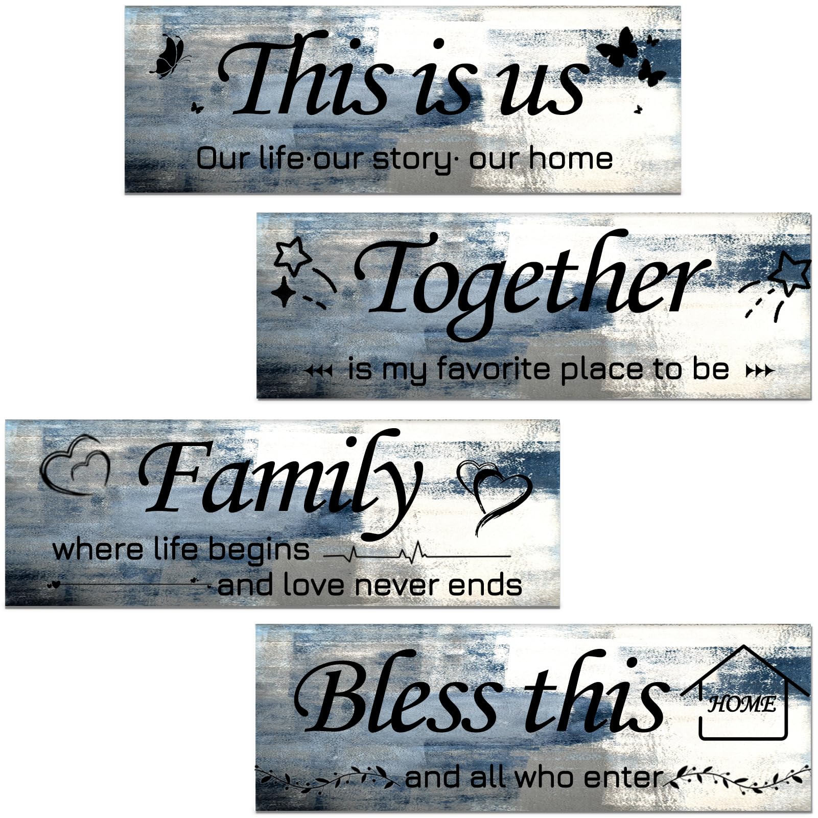 Lnond 4 Pieces Blue Abstract Living Room Wall Decor, Motivational Home Family Rustic Wall Art Decor for Bedroom Living Room, Rustic Wooden Farmhouse