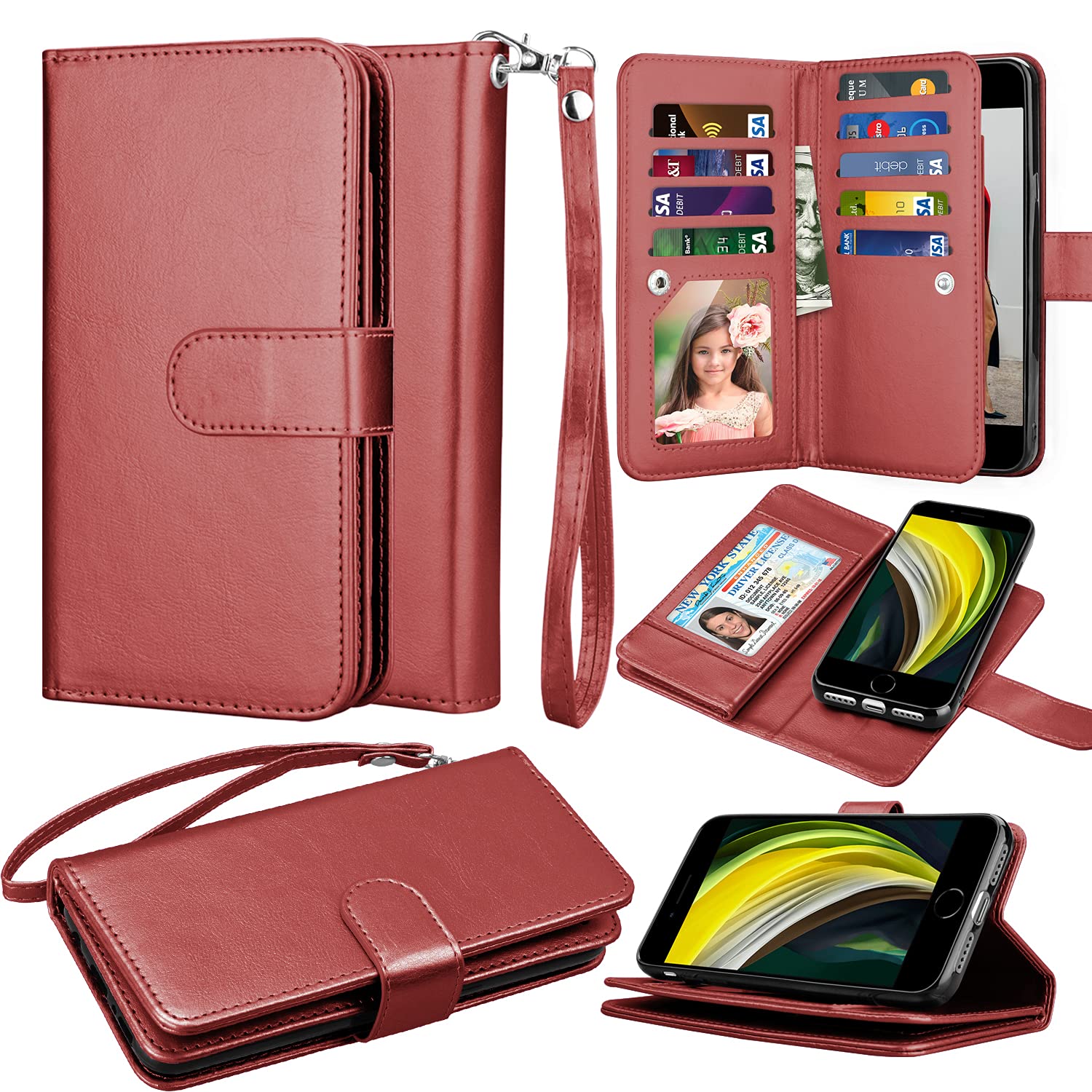 Takfox Wallet Case for iPhone SE 2020, for iPhone 7 / iPhone 8 Wallet Case, Women Men Leather Credit Card Slots Holder Folio Flip Cover [Kickstand] Detachable Magnetic Phone Case & Lanyard-Wine Red