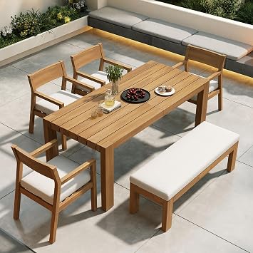 SOOWERY 6-Piece Patio Dining Set, Acacia Wood Outdoor Furniture Set with Rectangular Table, 4 Chairs and 1 Bench with Cushions, Umbrella Hole for Backyard, Garden, Poolside Light Teak+Beige Cushion