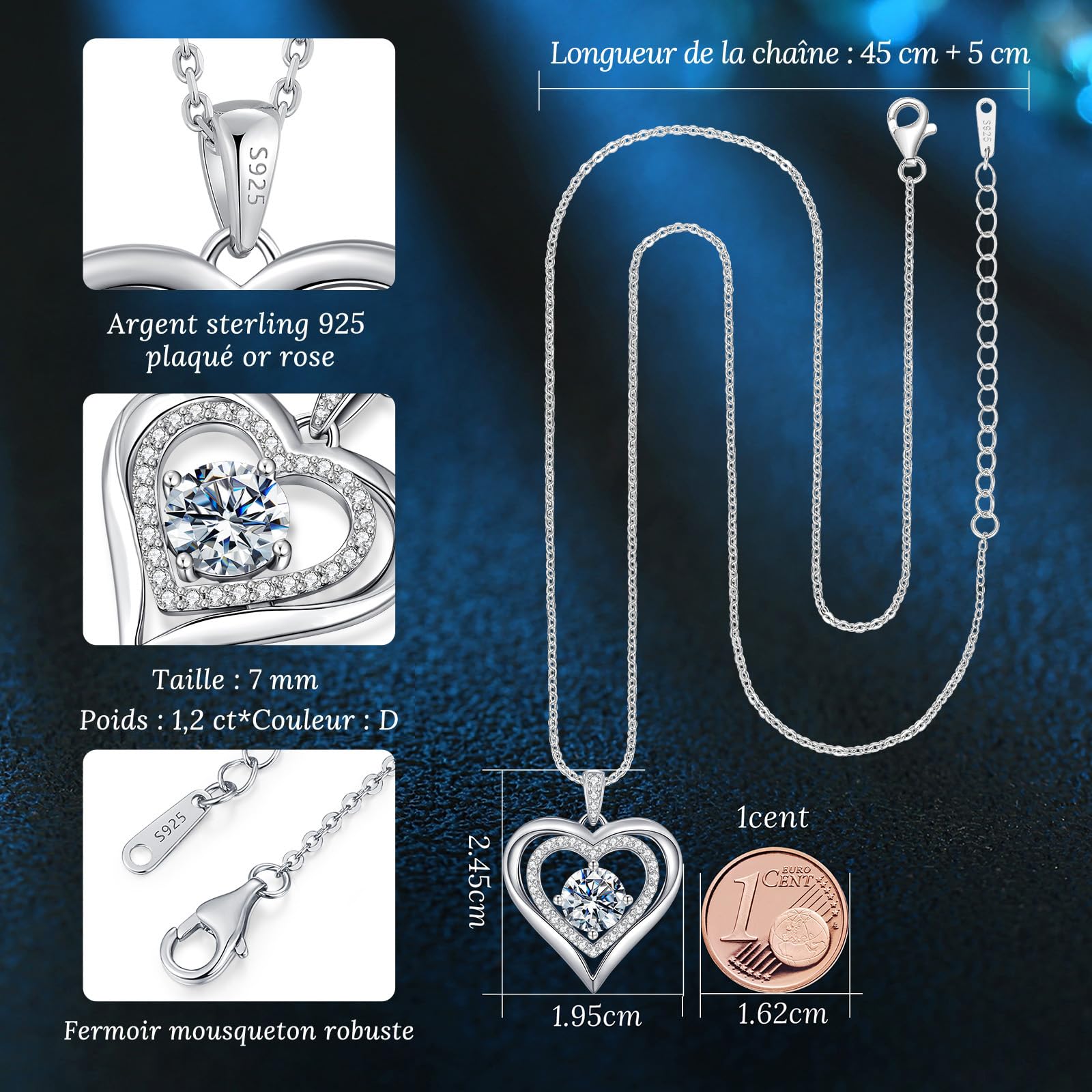 CDE Collier Femme Cadeau pour Elle Orné de Moissanite Argent 925 Bijoux