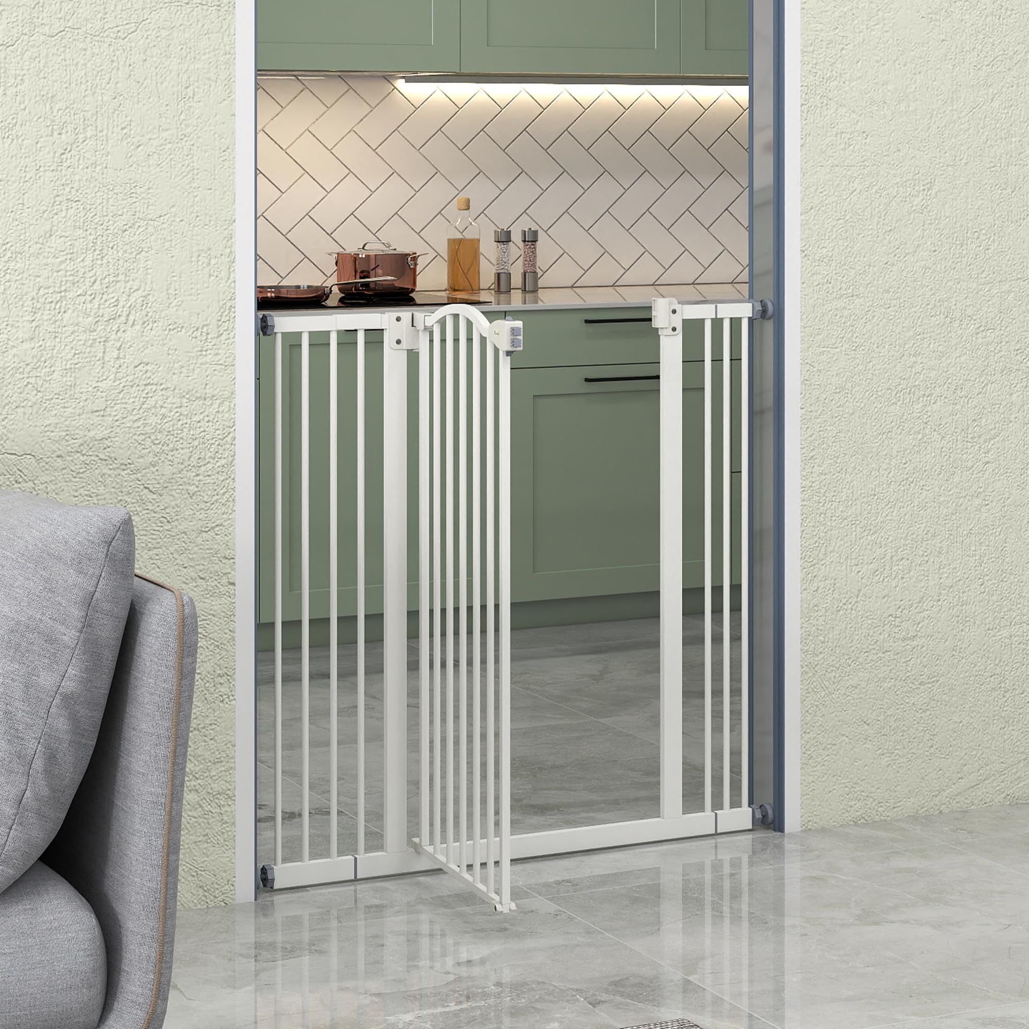 PawHut Cancelletto di Sicurezza per Cani da Interno, Barriera Estensibile 74-100 cm con Doppio Blocco e Chiusura Automatica per Scale e Porta, Bianco