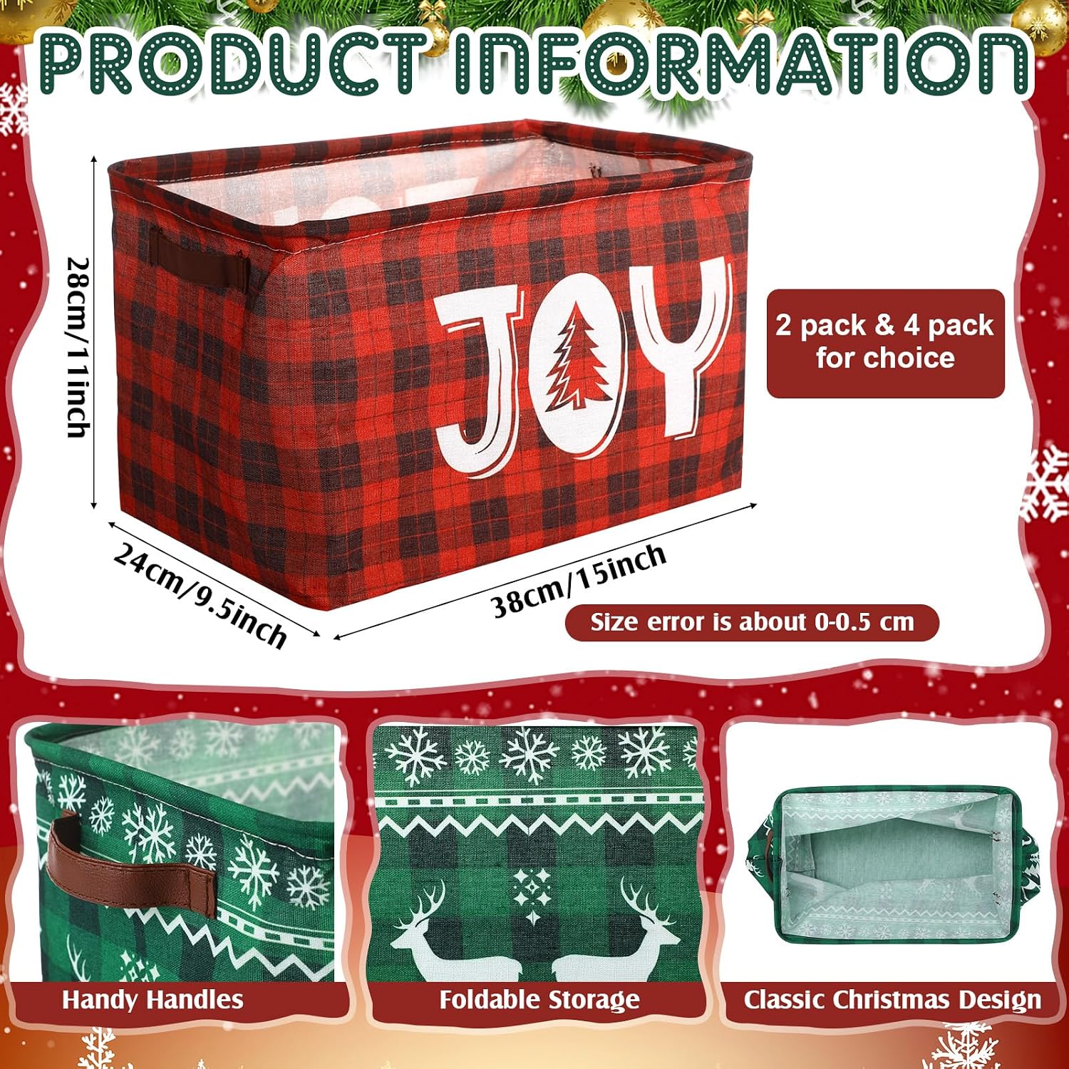 Capoda 4 Pack Xmas Storage Bin Large Collapsible Plaid Canvas Organizer image 2