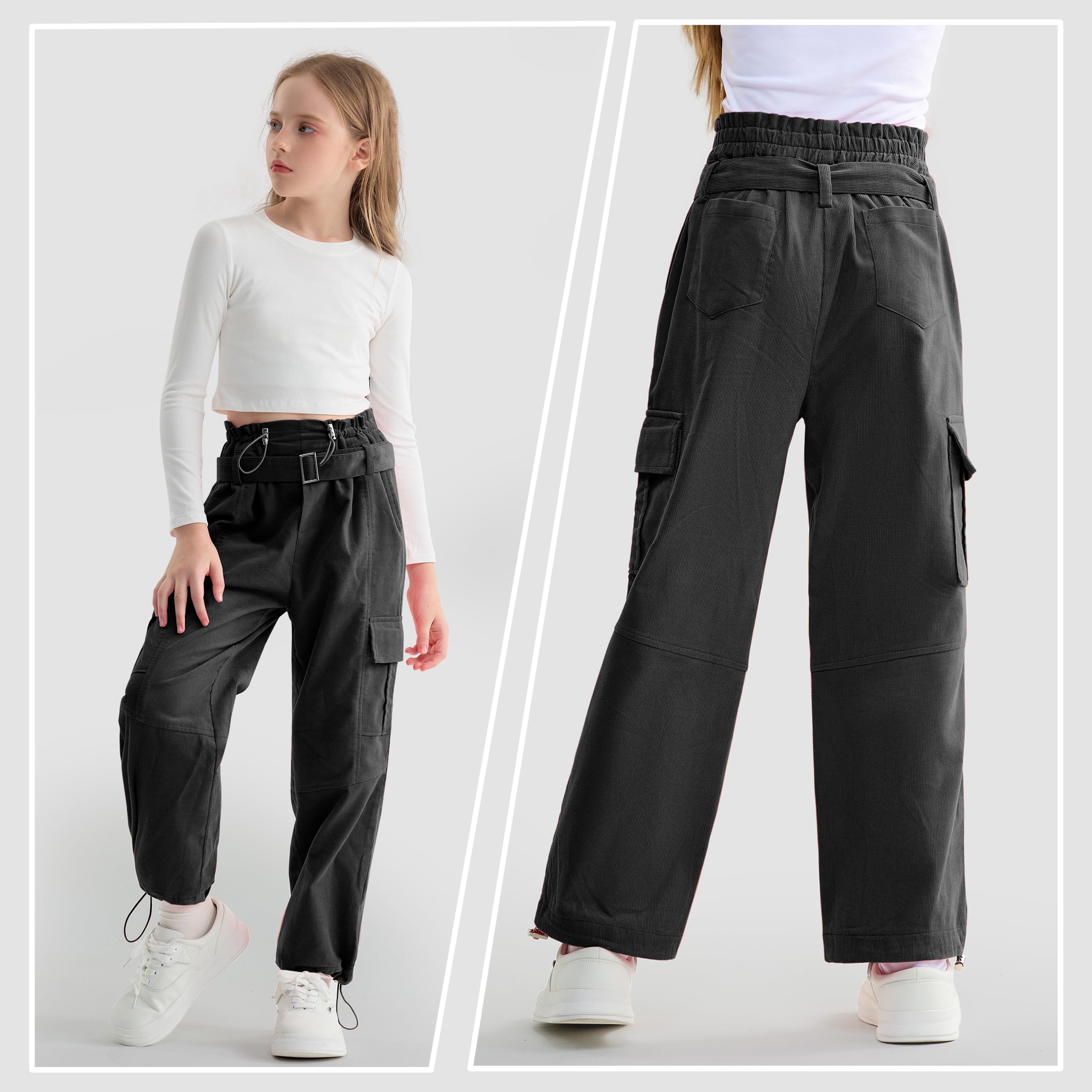 Rolanko Pantalon Cargo Fille avec Ceinture Réglable Taille Haute Élastiquée en Velours Côtelé Jogging Pantalon de Danse Hip Hop pour Enfants