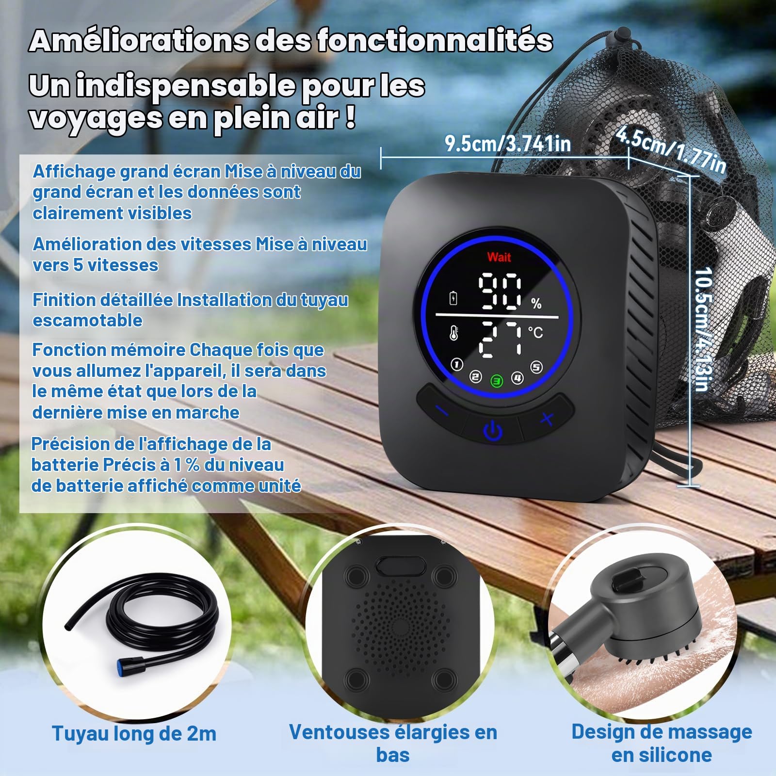 Charmofun Kit Douche de Camping, 8000 mAh Pompe de Douche Électrique Rechargeable, Camping Douche Portable avec Pommeau de Douche Filtrant et Afficheur Intelligent pour Randonnée (8000mAh-B)