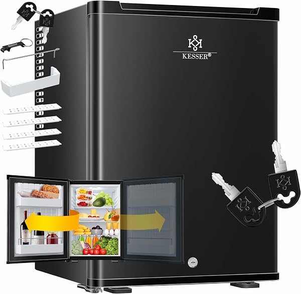 KESSER® Mini réfrigérateur avec Serrure, Mini Bar de 40 l, Silencieux, 22 DB, verrouillable, Chambre à Coucher, butée de Porte Amovible, env. 4 à 16 °C, Hauteur 57 cm, éclairage intérieur - 1