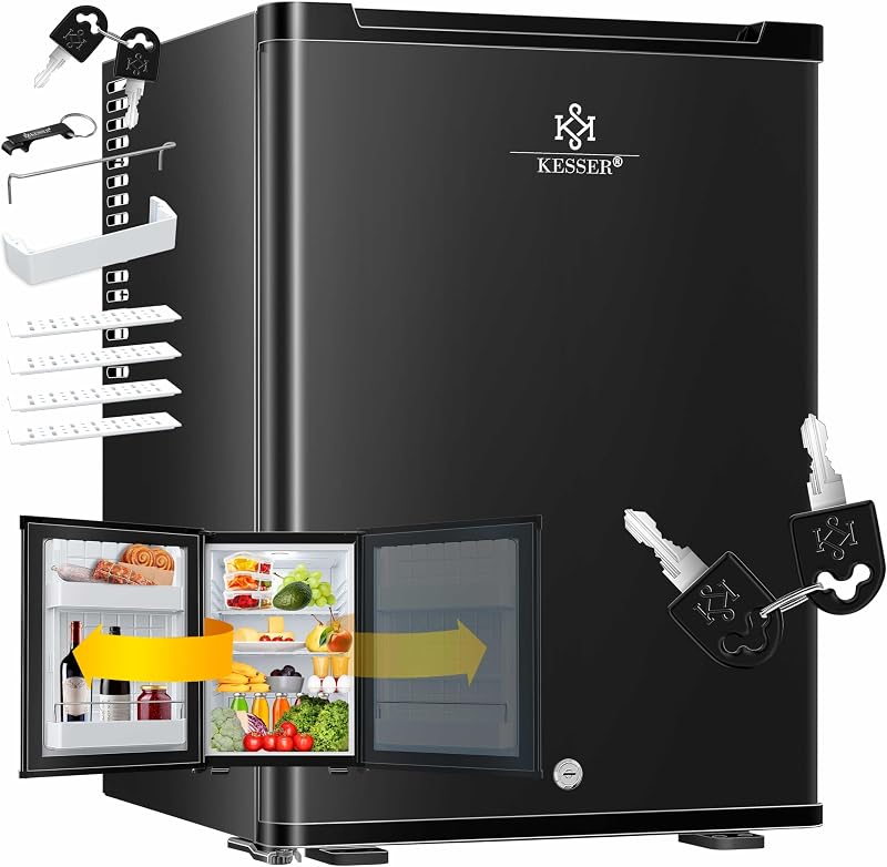KESSER® Mini réfrigérateur avec Serrure, Mini Bar de 40 l, Silencieux, 22 DB, verrouillable, Chambre à Coucher, butée de Porte Amovible, env. 4 à 16 °C, Hauteur 57 cm, éclairage intérieur