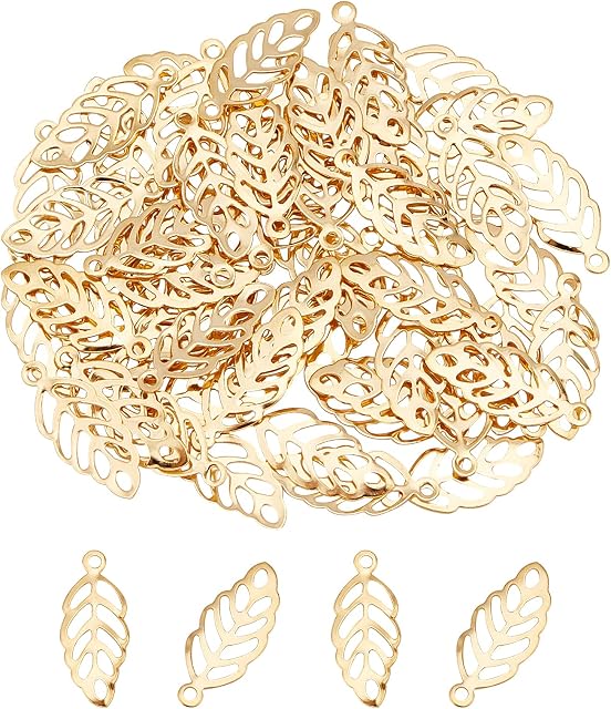 UNICRAFTALE about 60pcs Golden Leaf Charms Stainless Steel Leaf Pendants Metal Hollow Leaf Earring Charms Bracelet Pendants Clear-veined Leaf Charms for Necklace Jewelry Making, Hole 1mm
