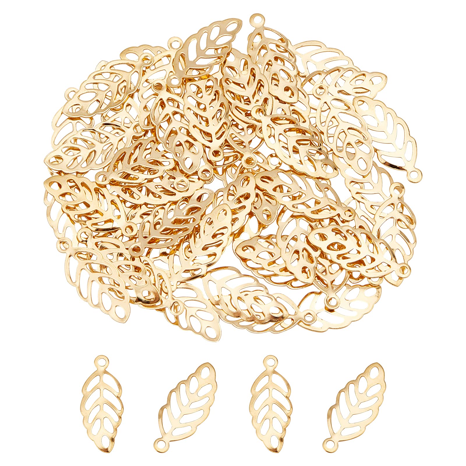 UNICRAFTALE about 120pcs Golden Leaf Charms Stainless Steel Leaf Pendants Metal Hollow Leaf Earring Charms Bracelet Pendants Clear-veined Leaf Charms for Necklace Jewelry Making, Hole 1mm