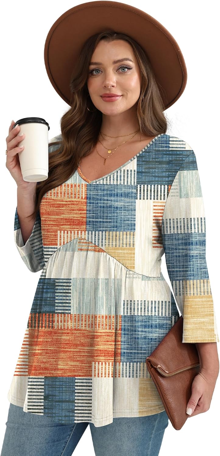 3/4 Length Sleeve Womens Tops 2025 Blouses for Women Dressy Casual Fashion Clothing V Neck Babydoll Tops Fall Outfits - Image 3