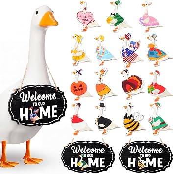 16 Pcs Back to School Porch Goose Welcome Sign Interchangeable Seasonal Holiday Goose Sign with Wooden Geese Magnetic for 23" Plastic Porch OutdoorBlack,Oval
