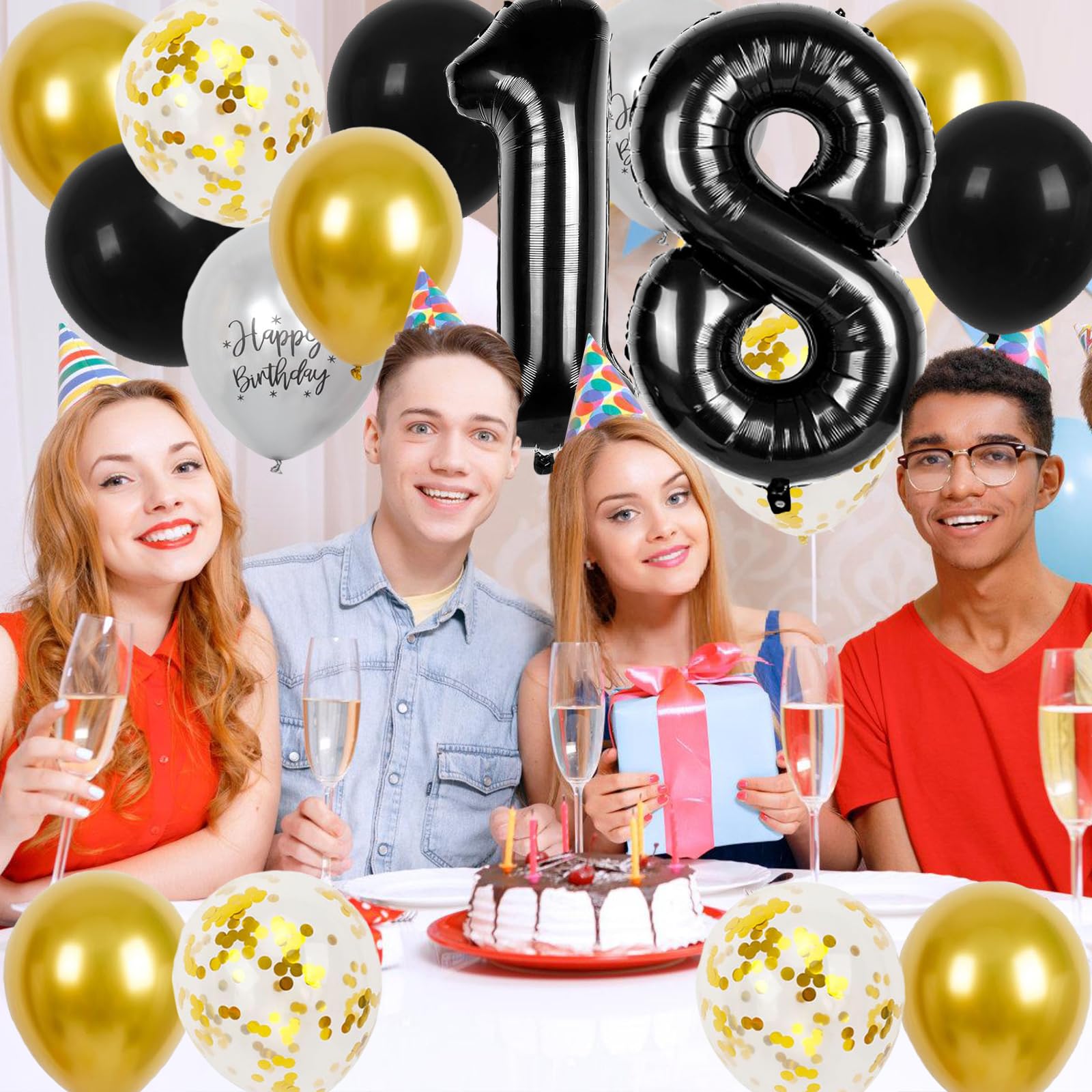 GoldRock Ballonnen 18e verjaardag decoratie zwart goud set, decoratie 18e verjaardag jongen meisjes, verjaardagsdecoratie 18 met Happy Birthday slinger, folieballon nummer 18, decoratie voor de 18e