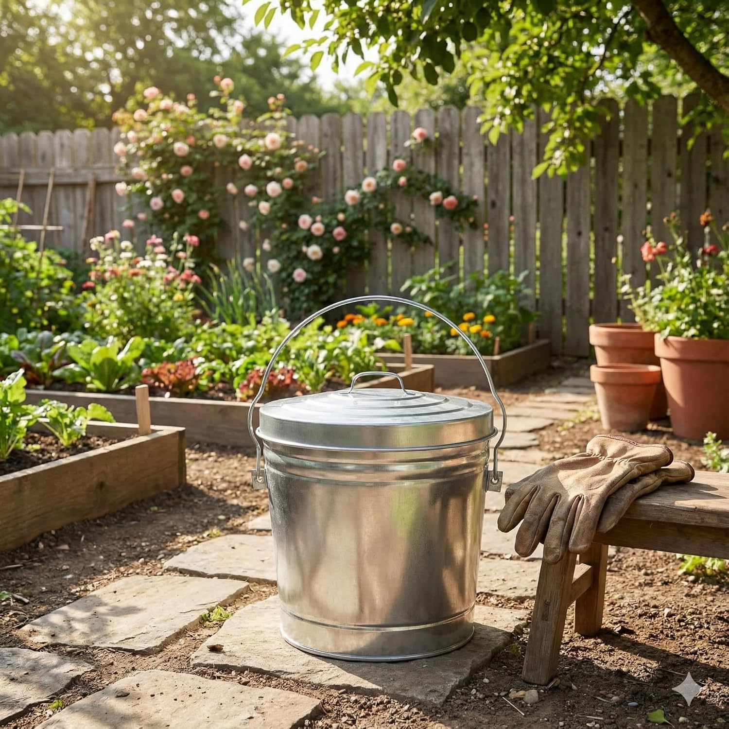 6-Gallon Galvanized Steel Storage Can with Lid, Heavy-Duty Metal Trash Can for Outdoor, Indoor Use, Pet Food Container, Bird Seed Storage, Ash Bucket, Rodent Proof, Ideal for Garage, Garden, Patio