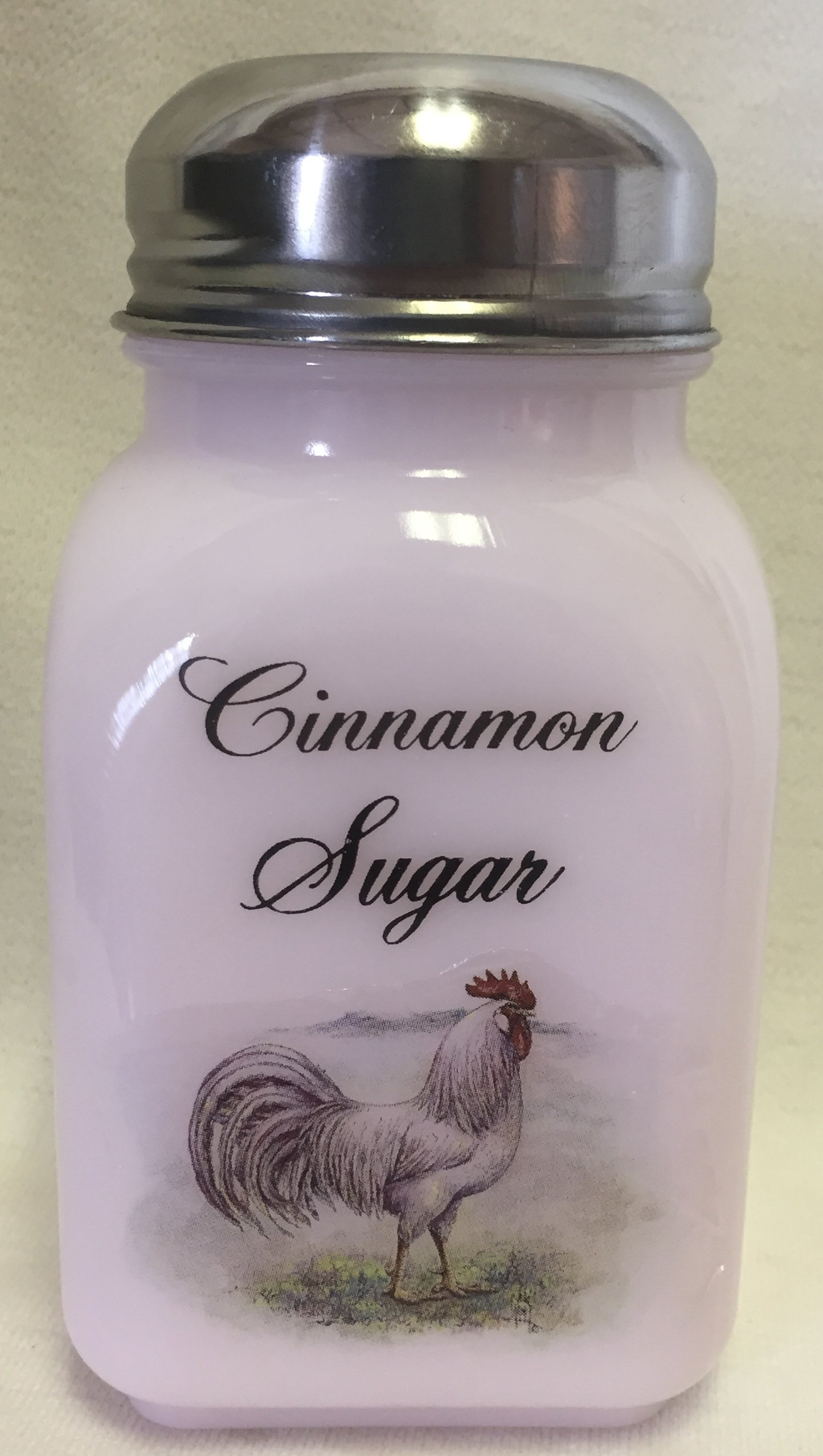 Spice Jar - Square Stove Top Shaker - Crown Tuscan Decaled - Rosso Exclusive - American Made - Mosser Glass USA (White Leghorn Chicken w/Cinnamon Sugar)