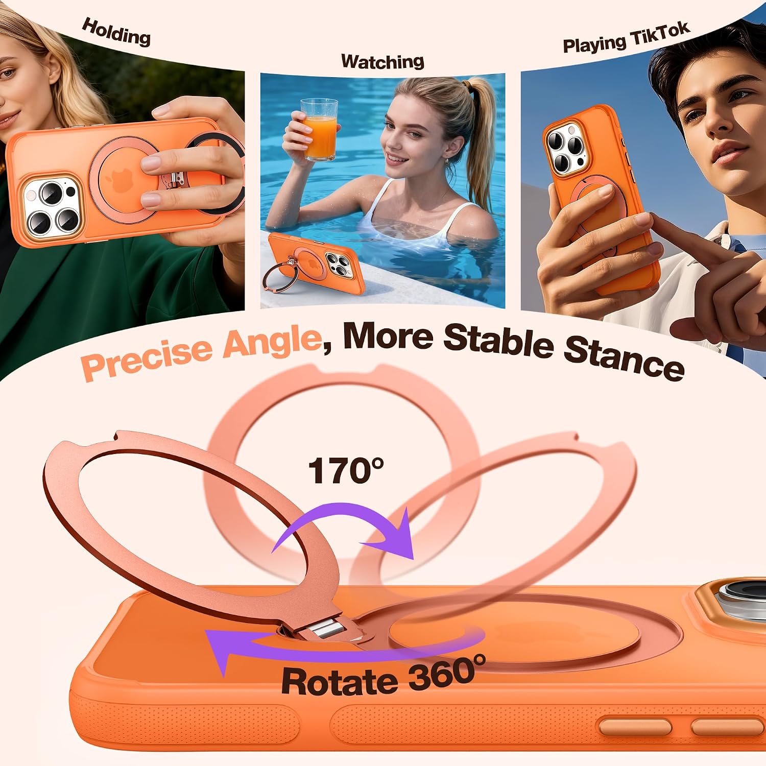 Tapify Magnetic Stand Case for iPhone 16 Pro, with 360° Rotatable Invisible Ring Kickstand, Compatible with MagSafe, Military Grade, Non-Slip Soft Edge Translucent Matte Phone Case, 6.3", Orange
