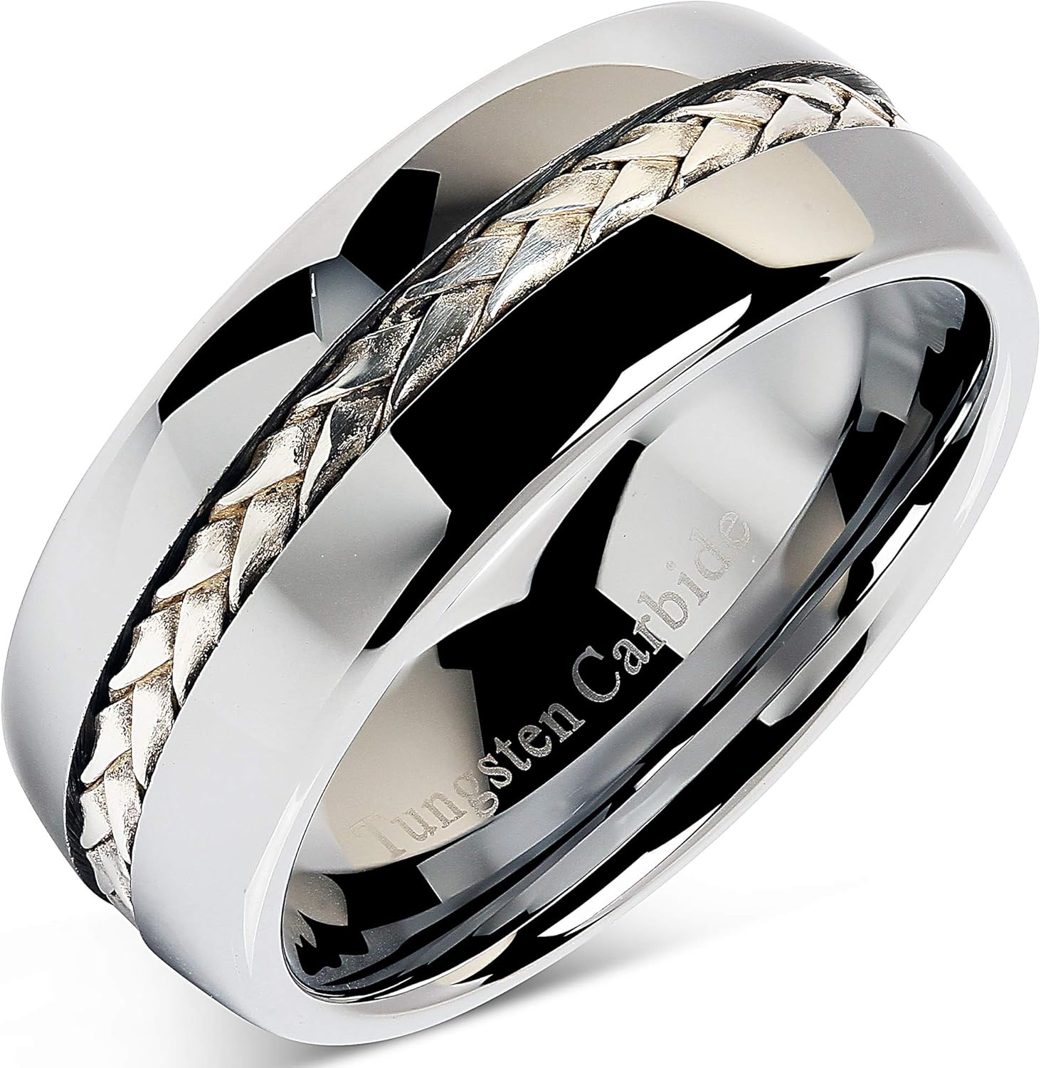 100S JEWELRY 8mm Men's Tungsten Carbide Ring Silver Rope Inlay Wedding Band Size 8-16 Comfort Fit