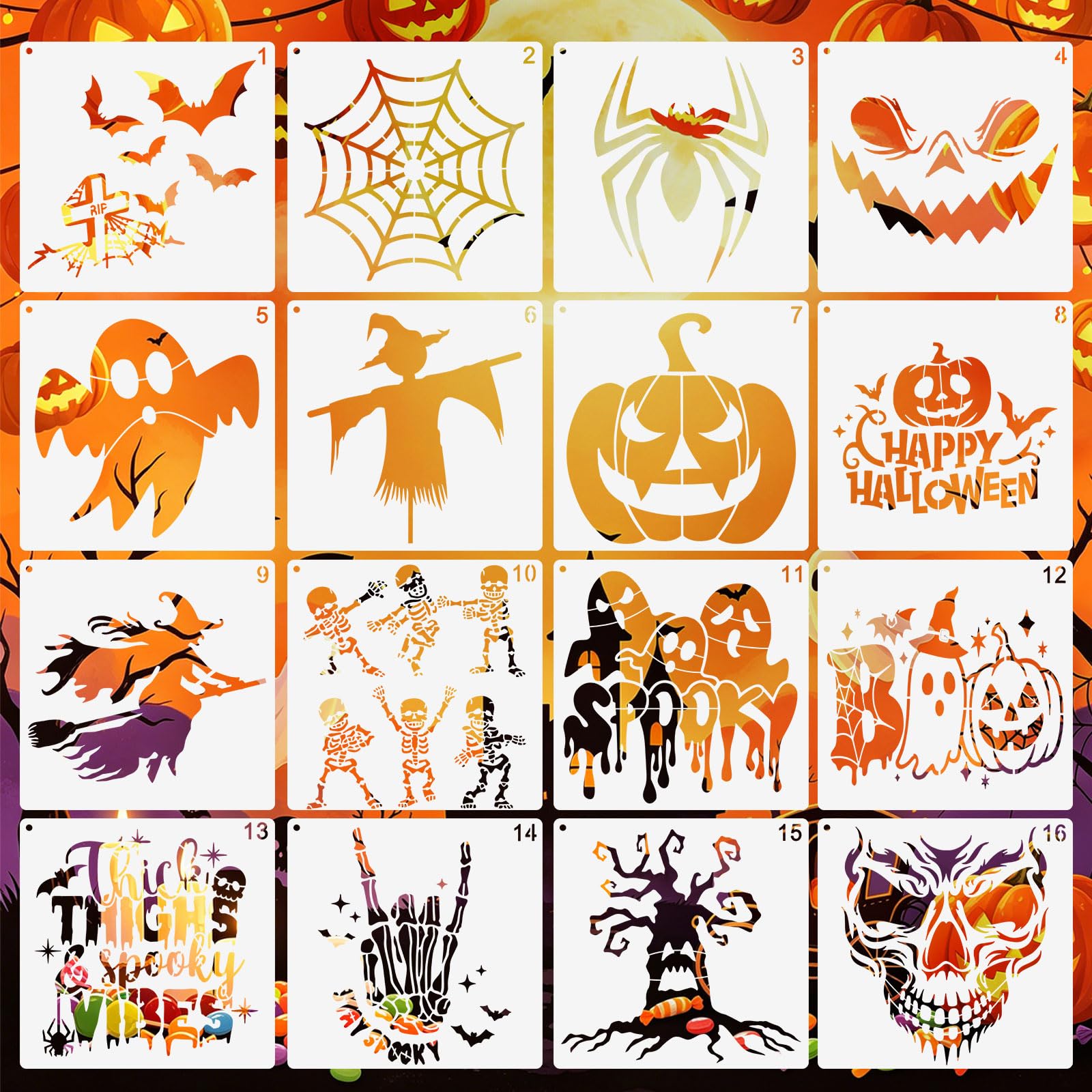 MWOOT 16 PCS Halloween Stencils for Painting on Wall, Halloween Stencils for Crafts Reusable, Stencil Drawing Templates for Painting on Wood, Carving, Canvas, Scrapbook Decor, 20 CM