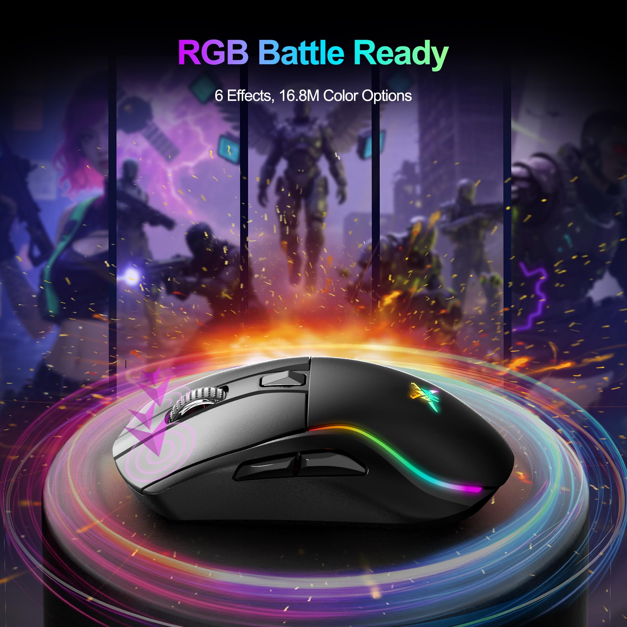 TECKNET Mouse da gioco senza fili, 24000 DPI con tre modalità di connessione e 6 luci RGB, ricaricabile, mouse ergonomico Bluetooth, velocità di interrogazione 1000 Hz e 6 tasti programmabili per PC
