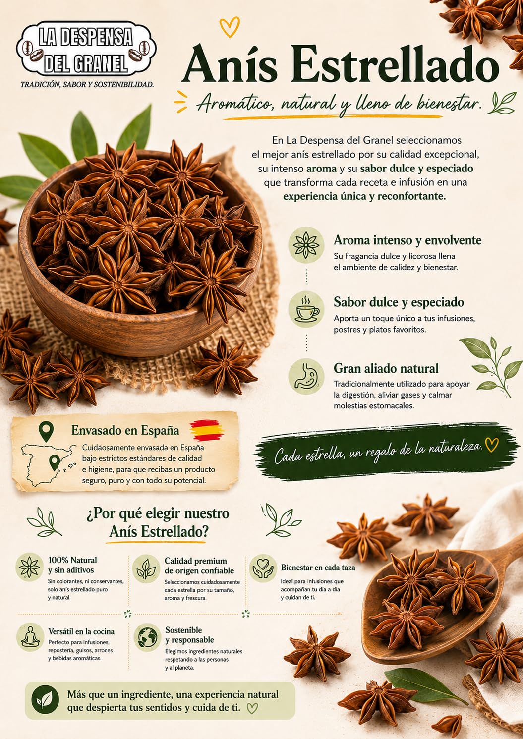 La Despensa del Granel Anís Estrellado Entero 100g | Especia para Infusiones y Cocina | Aroma Intenso y Sabor Dulce | 100% Natural | Sin Conservantes ni Aditivos