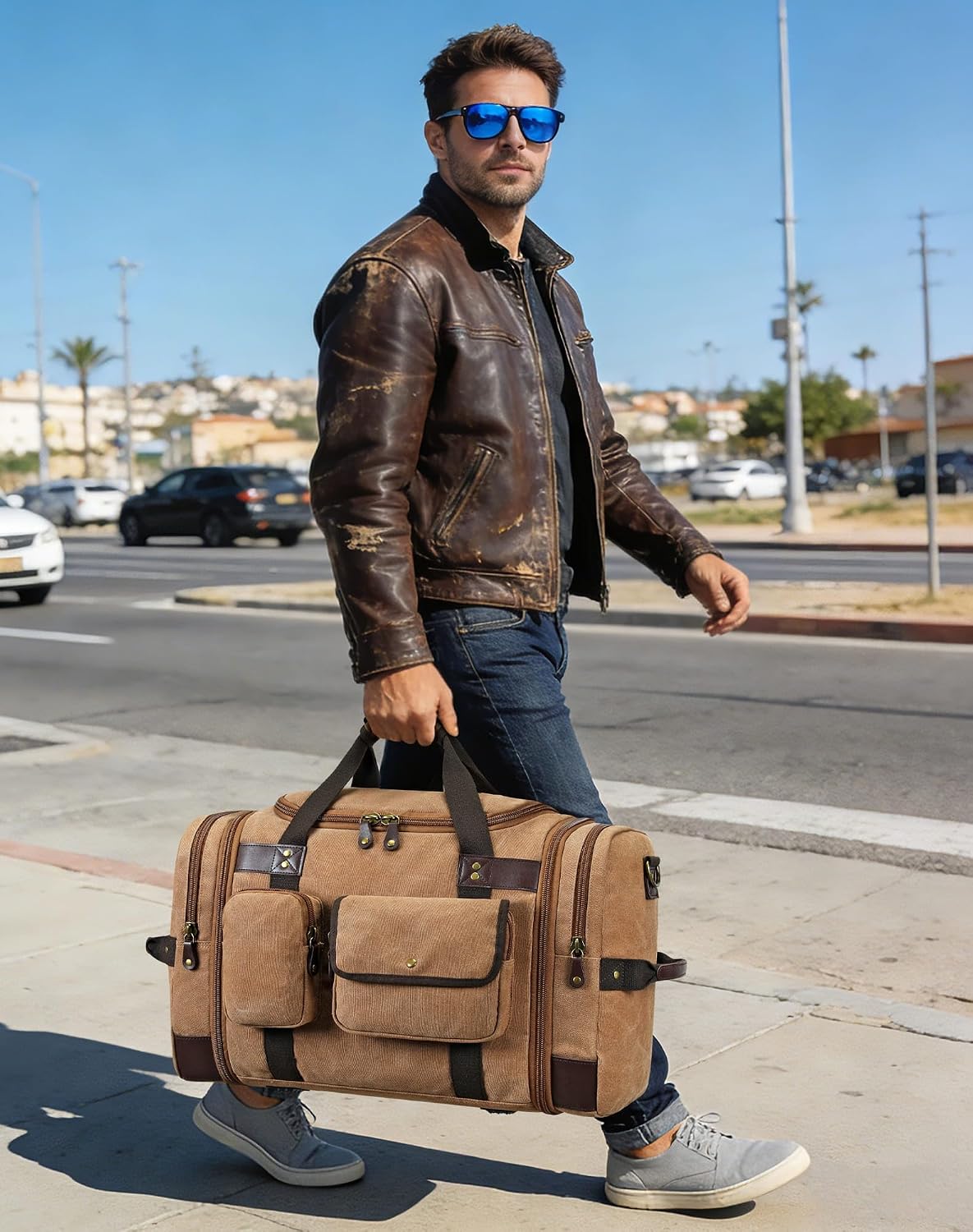 Duffle Bag for Travel, 50L Carry On Duffle Bag for Airplanes, Canvas Overnight Weekender Bag for Men and Women