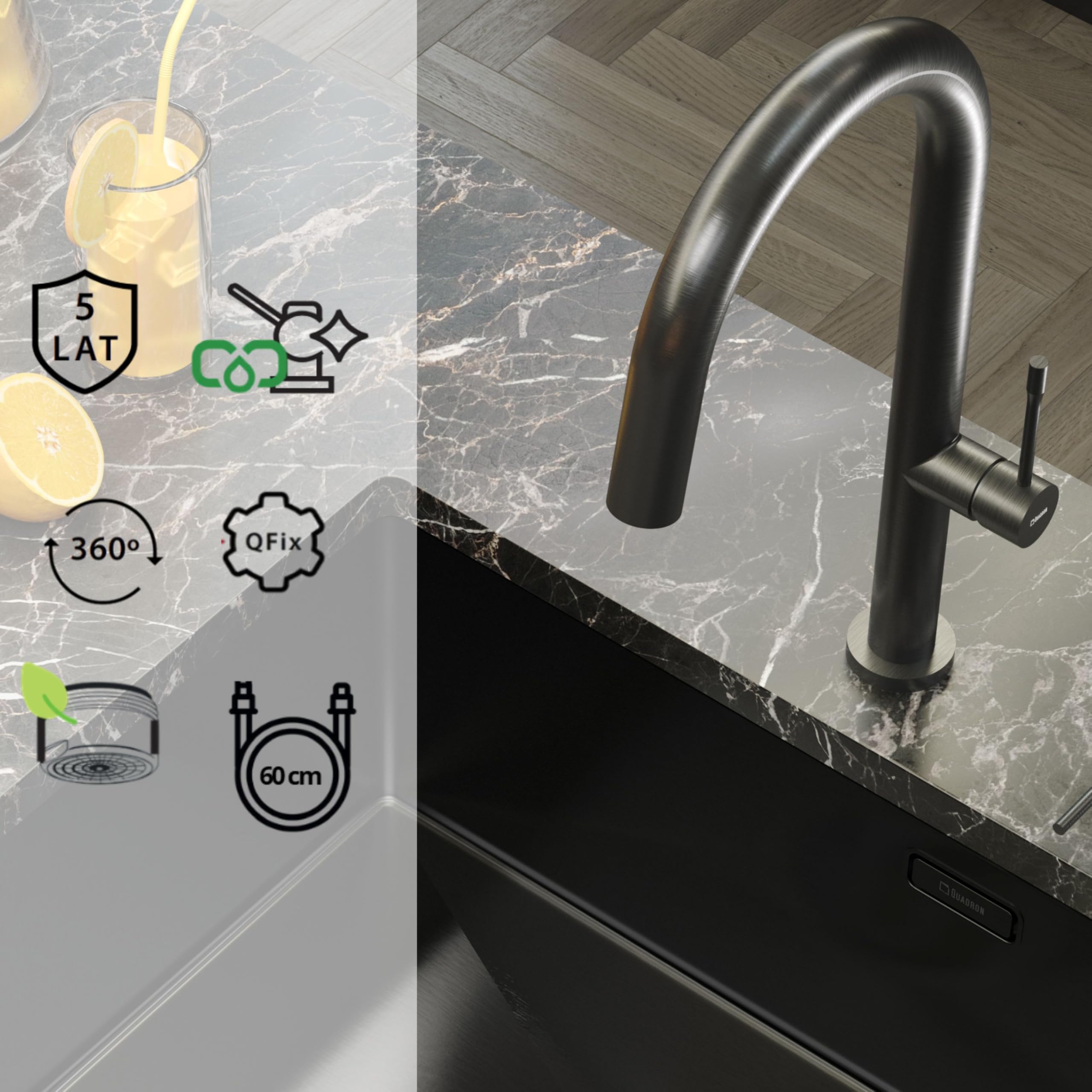 QUADRON HALEY T LINE SteelQ, grifo mezclador de cocina de acero inoxidable, grifo mezclador de cocina 360°, función QFix, color: grafito, altura: 40 cm, cabezal: cerámica, acabado PVD grafito