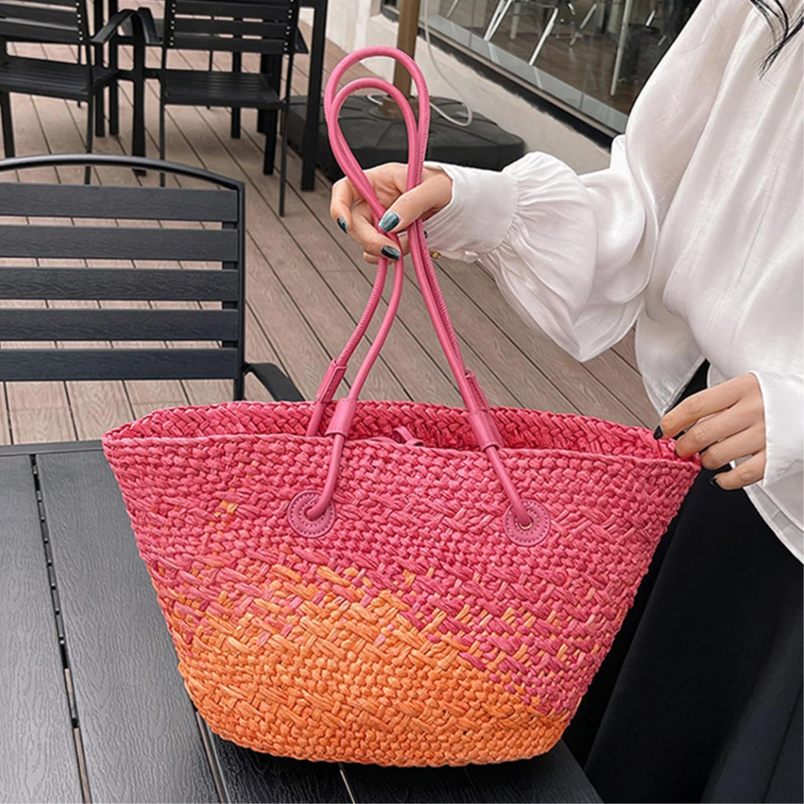 Umhängetasche Zwei Ton Gradient Stroh Gewebte Tasche, Dünne Lederband Große Kapazität Sommer Strandurlaub Schulter Handtasche-kamika