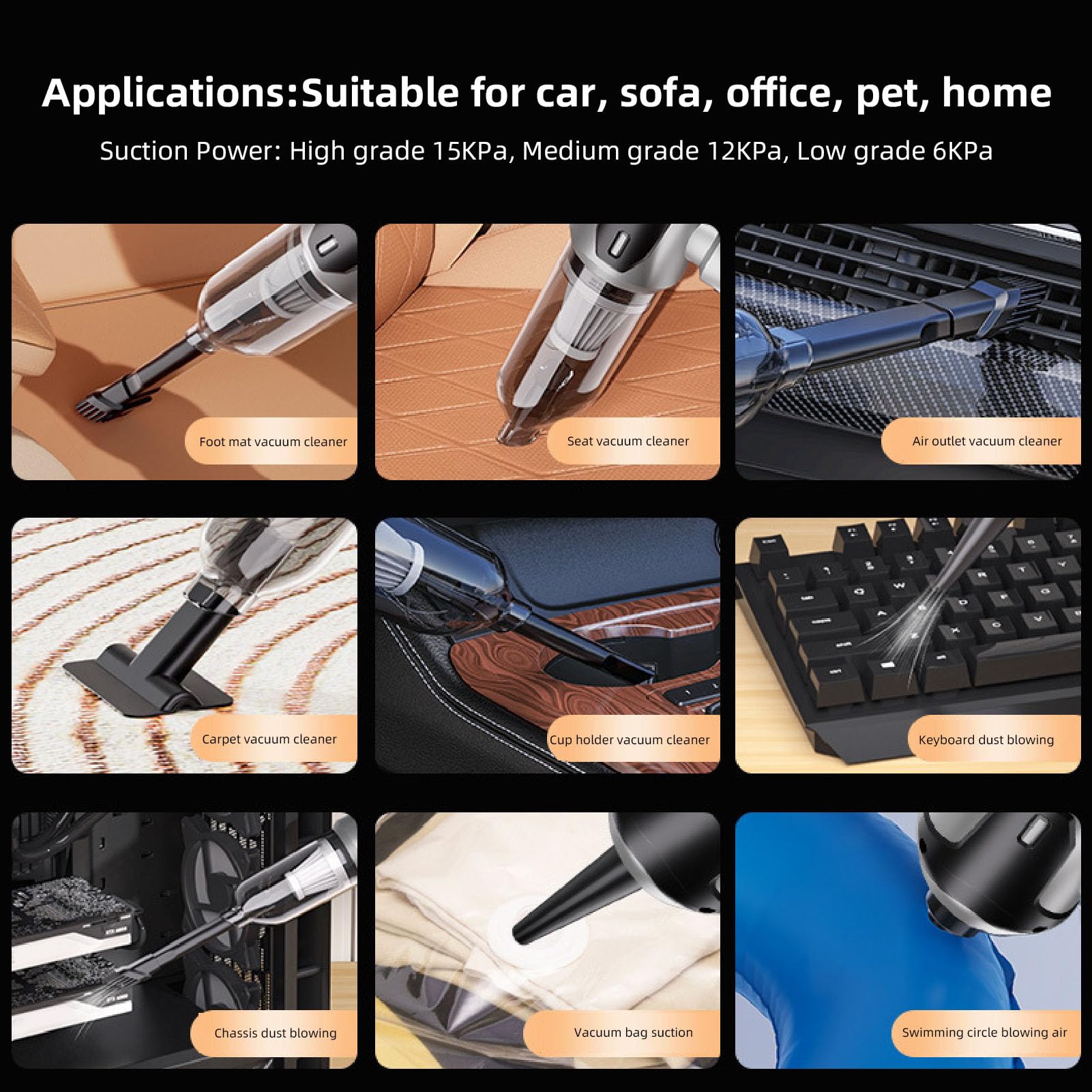 Aspiradora de Mano Inalámbrica para Coche, Aspiradora Portátil de Succión de Potencia de 6000 Mah, Soplador de Aire Pequeño de Mano sin Escobillas para Coche, Hogar, Oficina,