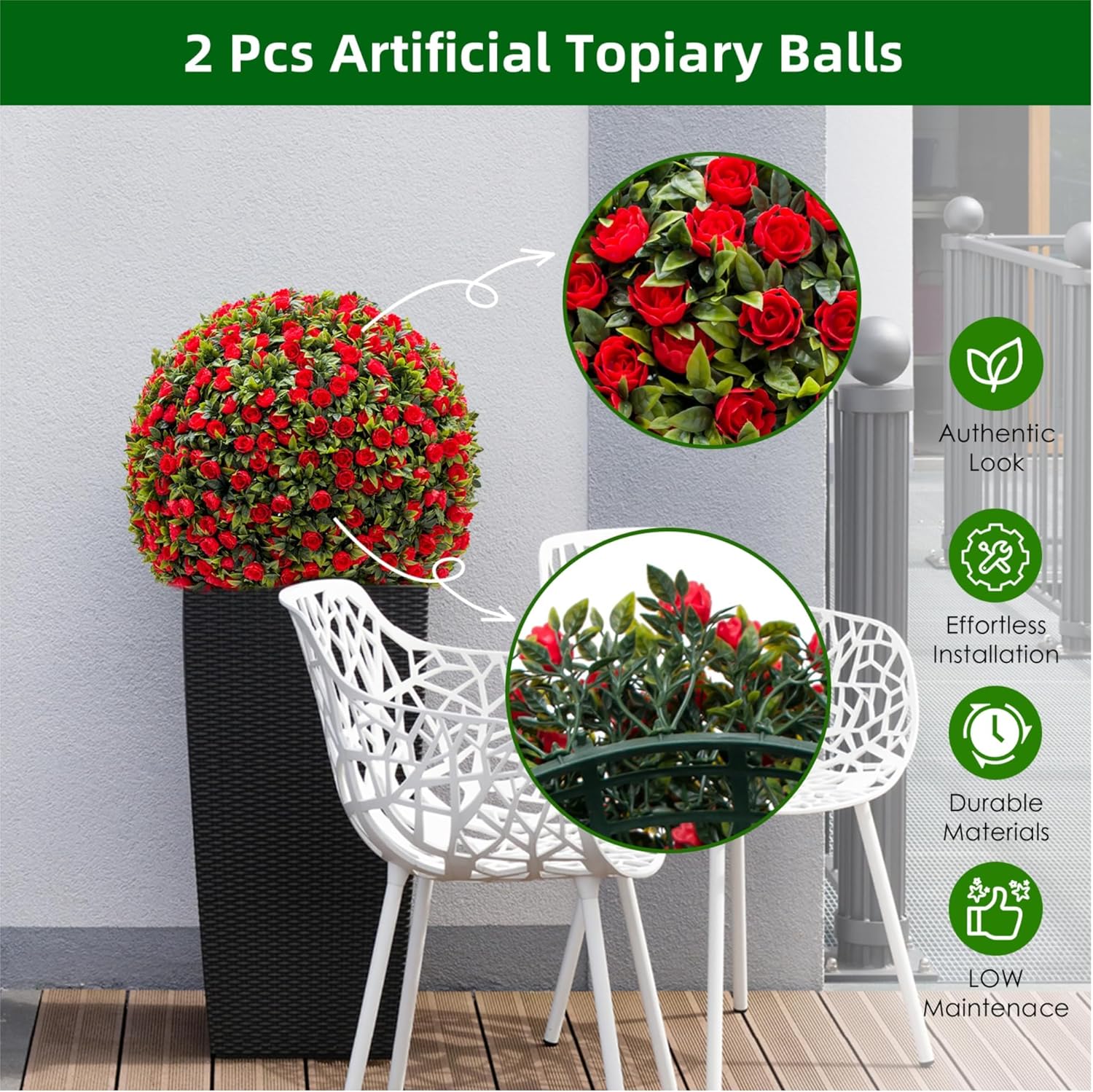 Artificial Topiary Balls Set of 2, Fake Topiary Rose Balls for Home Decor Indoor and Outdoor,Wedding,Party Decoration